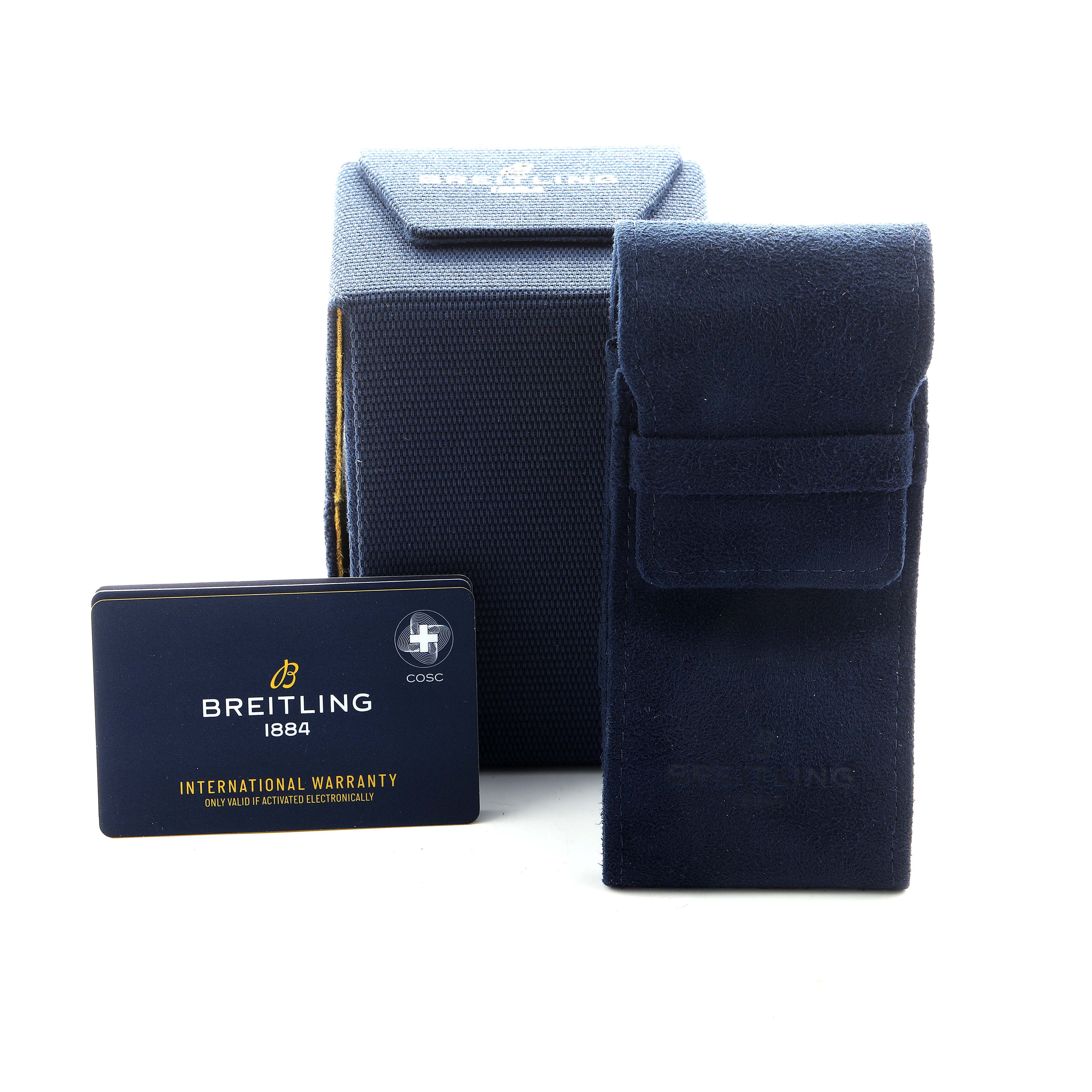 The image shows a Breitling Superocean AB0162 Men's Stainless Steel Silver Dial watch box, a blue carrying pouch, and an international warranty card, captured from the front.