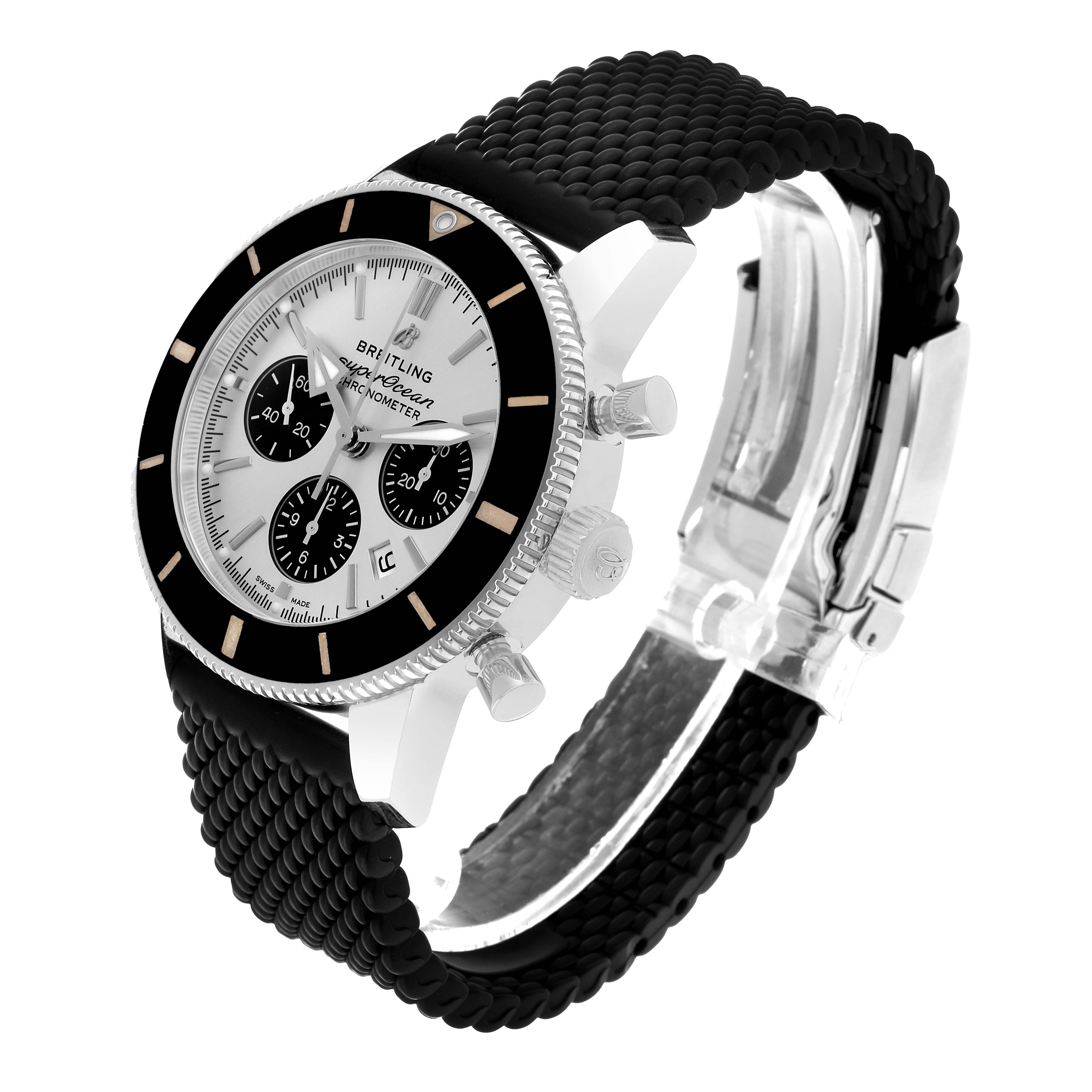 The Breitling Superocean AB0162 Men's Stainless Steel Silver Dial watch is shown at an angled side view, featuring its dial, bezel, pushers, and black strap.