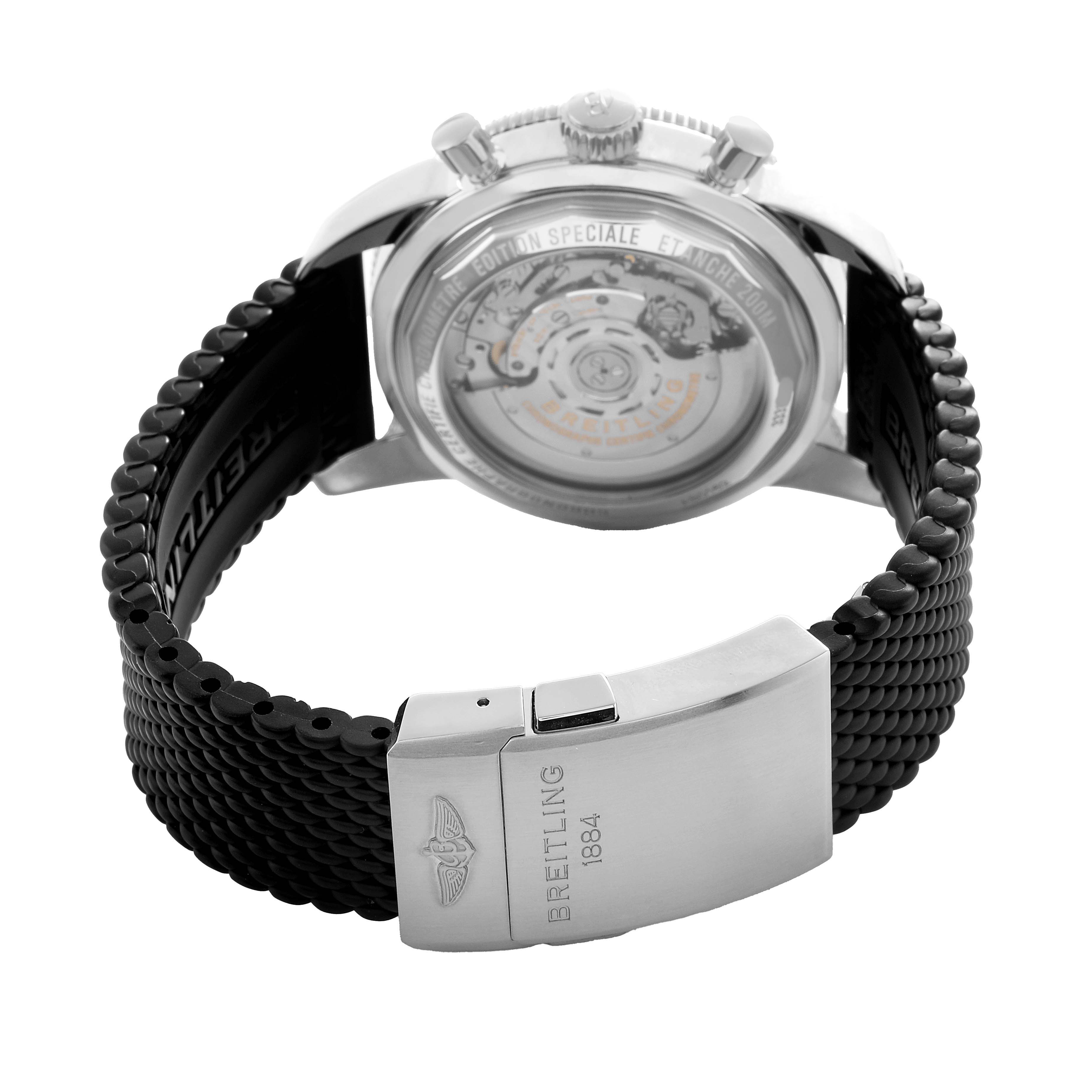 The Breitling Superocean AB0162 Men's Stainless Steel Silver Dial watch is shown from the back, highlighting the caseback, movement, and rubber strap with clasp.