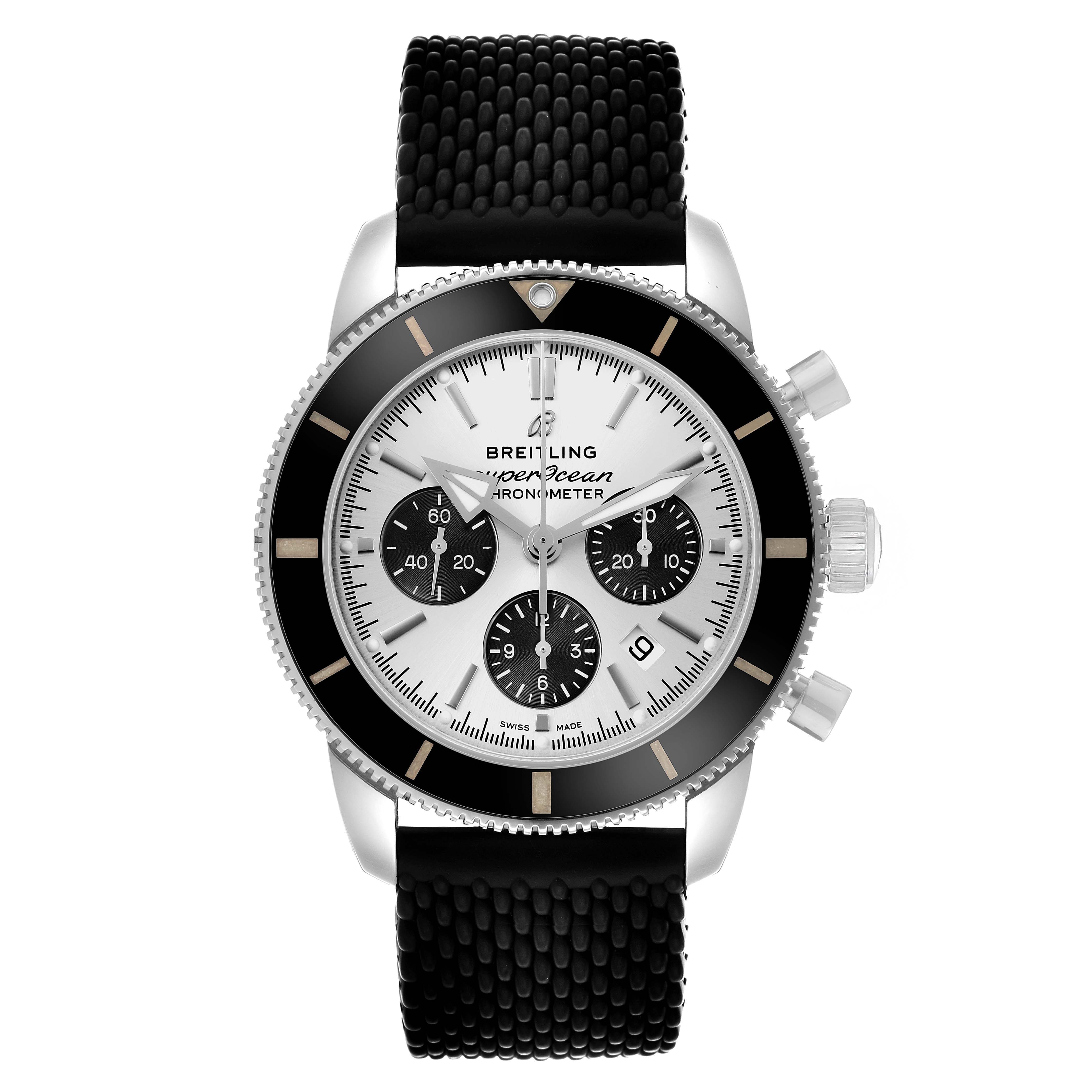 The Breitling Superocean AB0162 Men's Stainless Steel Silver Dial watch is shown from a top view, highlighting the dial, bezel, and strap.