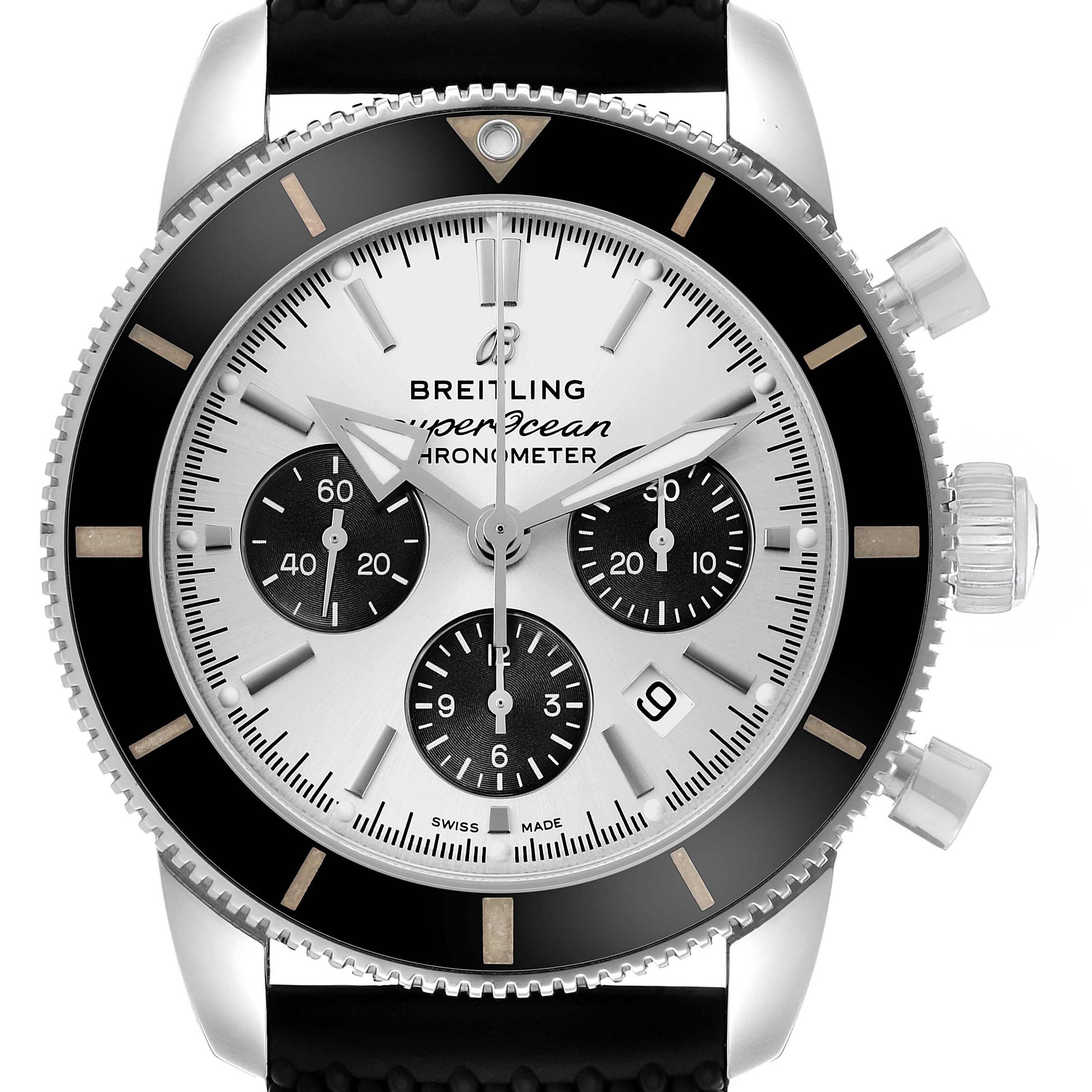 The Breitling Superocean AB0162 Men's Stainless Steel Silver Dial watch is shown from the front, displaying the bezel, dial, subdials, and crown.