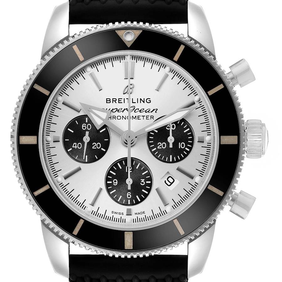 The Breitling Superocean AB0162 Men's Stainless Steel Silver Dial watch is shown from the front, displaying the bezel, dial, subdials, and crown.