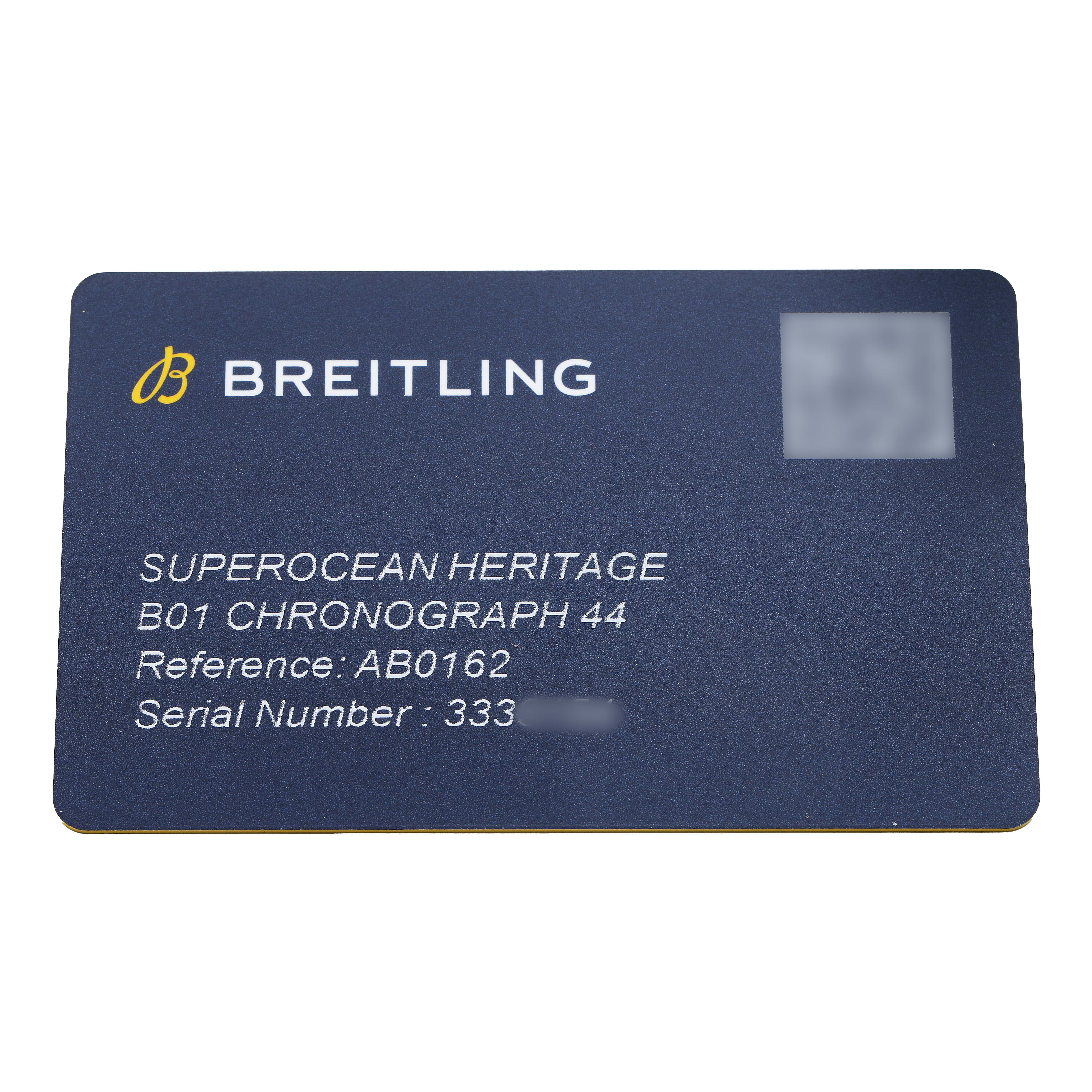 The image shows a Breitling Superocean AB0162 Men's Stainless Steel Silver Dial Heritage B01 Chronograph 44 reference card with serial and reference numbers.