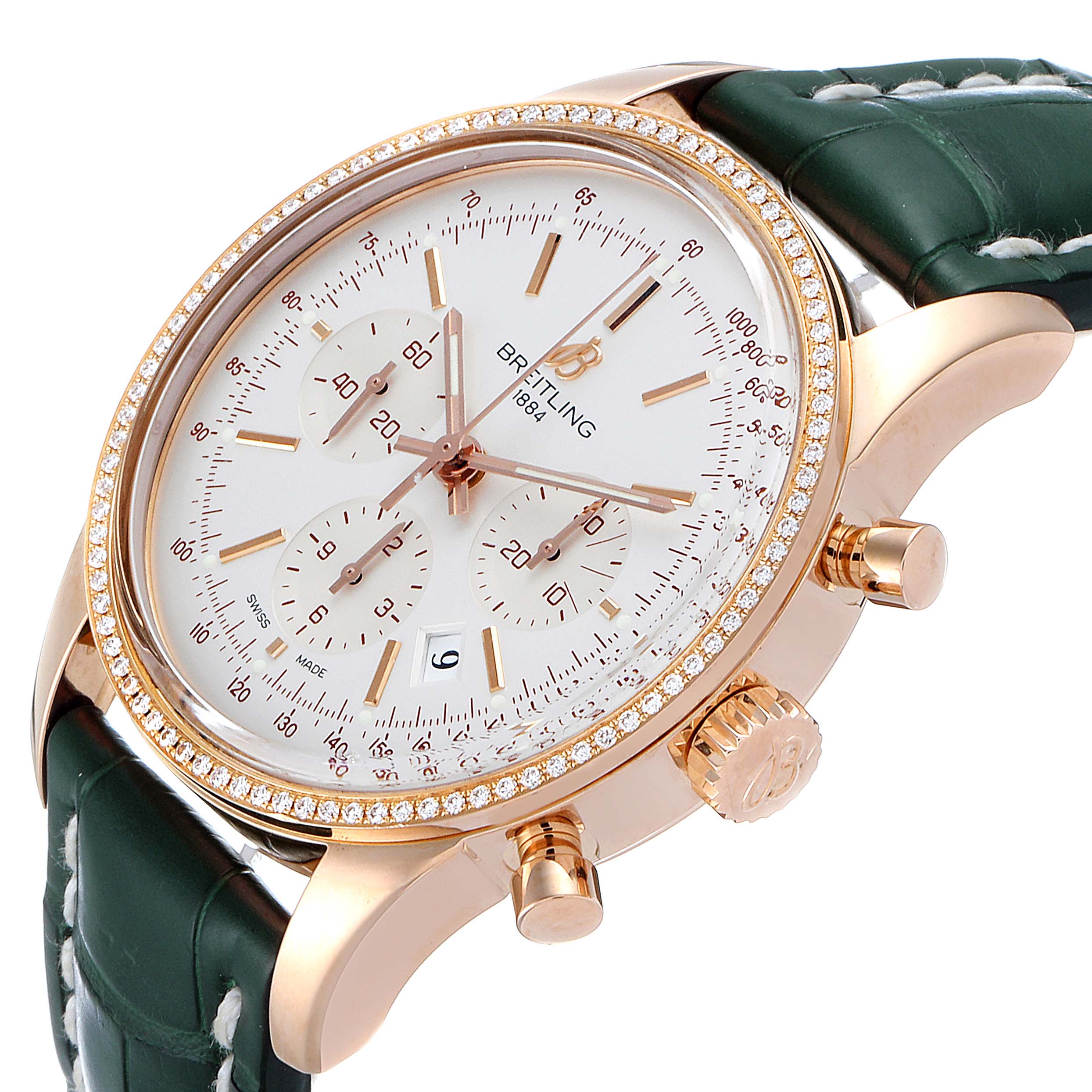 The image shows a side angle of the Breitling Transocean RB0152 Men's Rose Gold Silver Dial RB0152 Men's Rose Gold Silver Dial watch, highlighting the dial, crown, and part of the strap.