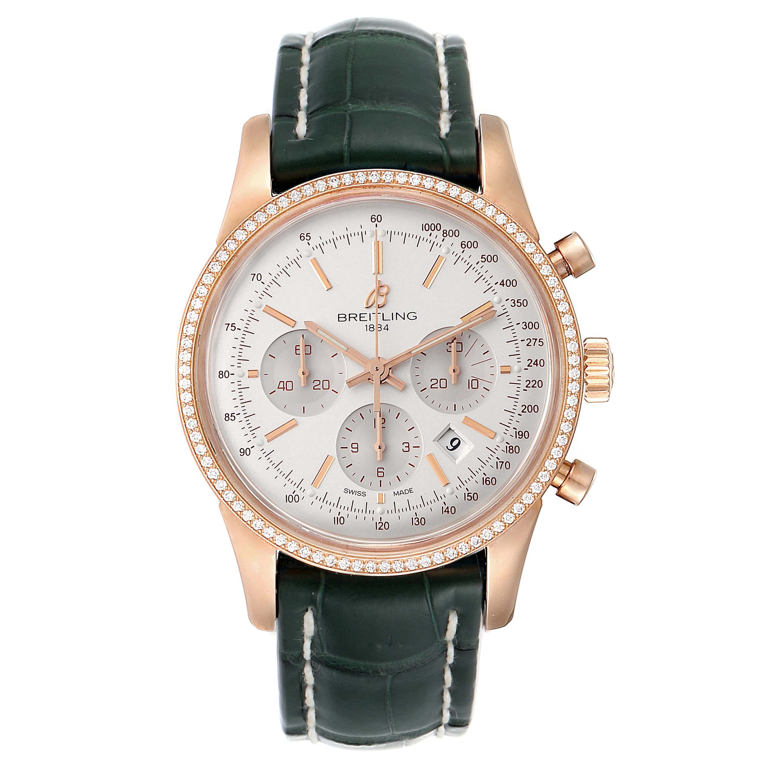 The image shows a front view of a Breitling Transocean RB0152 Men's Rose Gold Silver Dial RB0152 Men's Rose Gold Silver Dial watch, featuring a leather strap and chronograph dials.