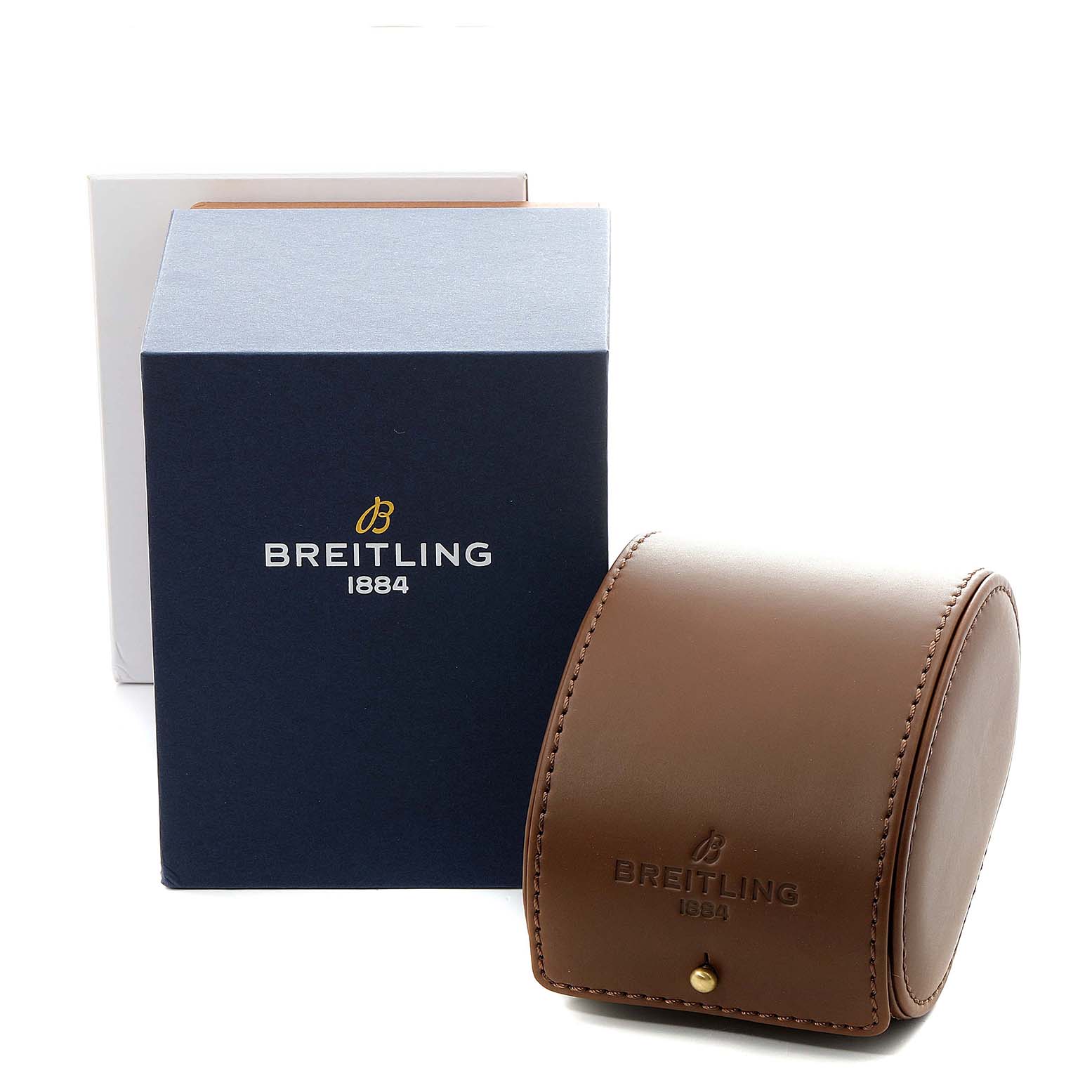 The image shows a Breitling Transocean RB0152 Men's Rose Gold Silver Dial RB0152 Men's Rose Gold Silver Dial watch box and a leather carrying case, displayed at an angle revealing both items.