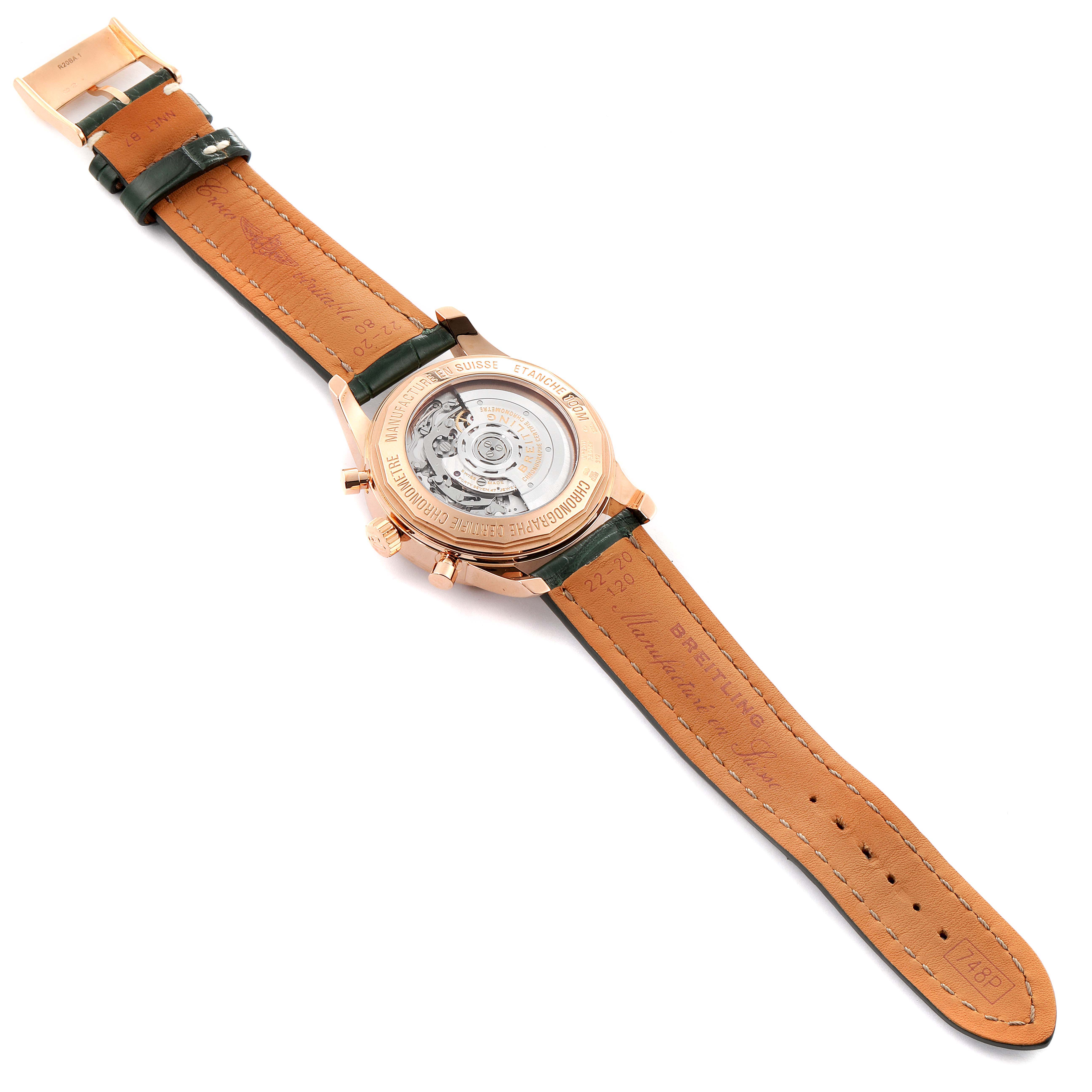 This image shows the back view and straps of the Breitling Transocean RB0152 Men's Rose Gold Silver Dial RB0152 Men's Rose Gold Silver Dial watch, highlighting the case back and movement mechanism.