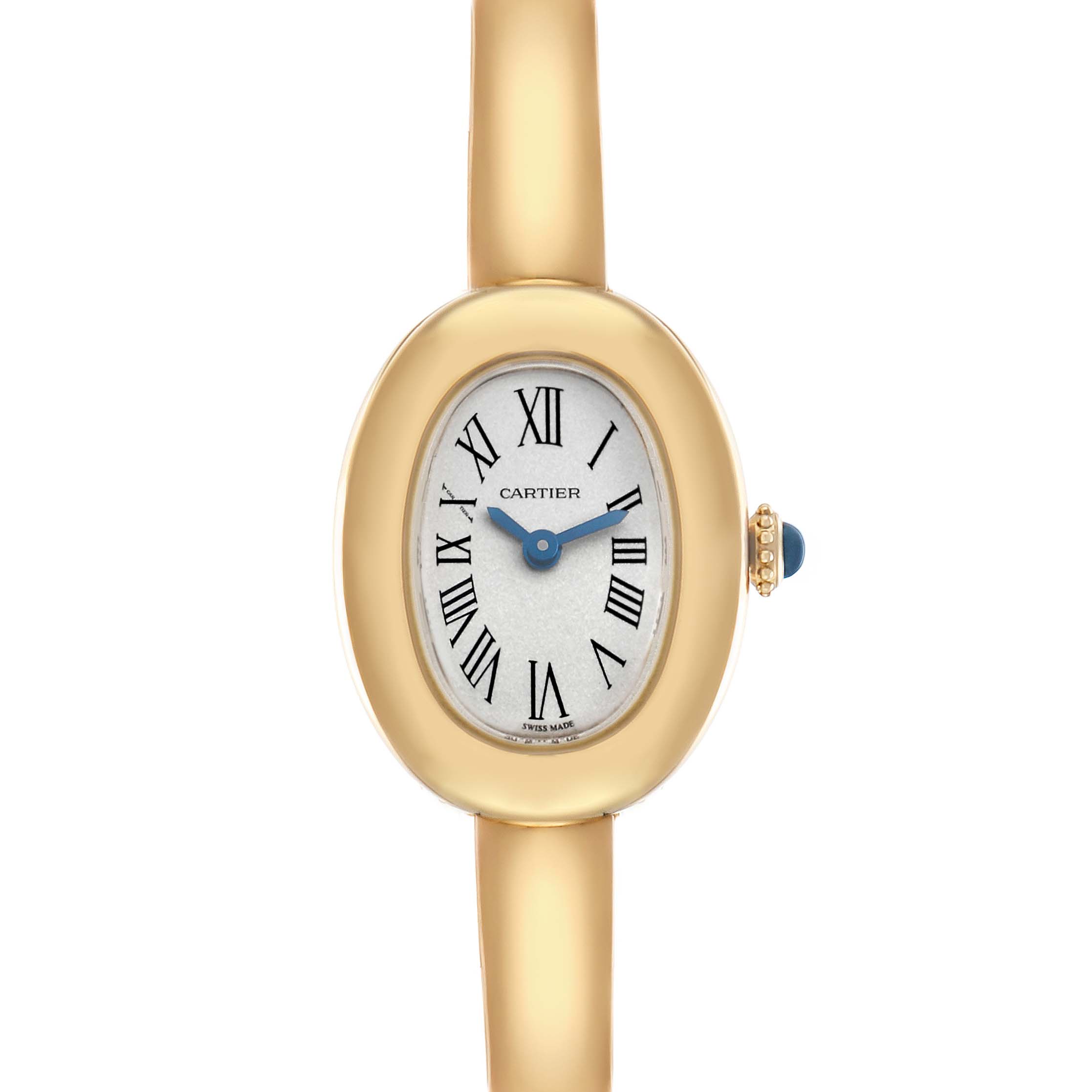 The Cartier Baignoire WGBA0018 Women's Yellow Gold Silver Dial watch is shown from the front, highlighting its oval case, Roman numeral dial, and crown with a blue cabochon.