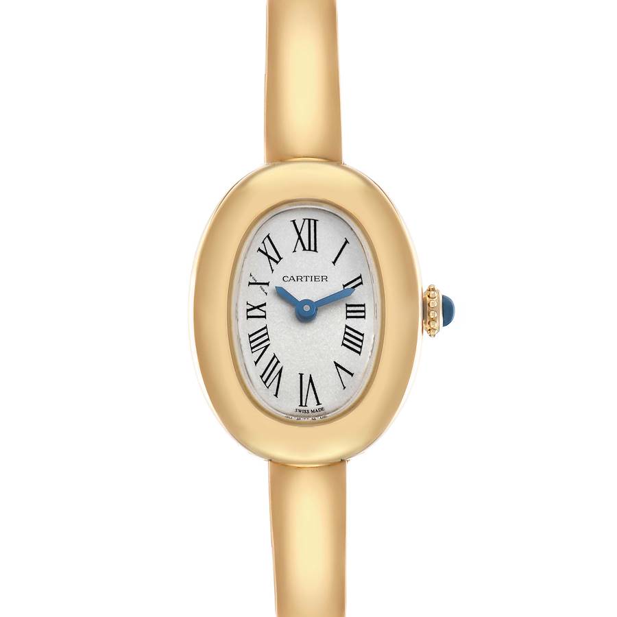 The Cartier Baignoire WGBA0018 Women's Yellow Gold Silver Dial watch is shown from the front, highlighting its oval case, Roman numeral dial, and crown with a blue cabochon.