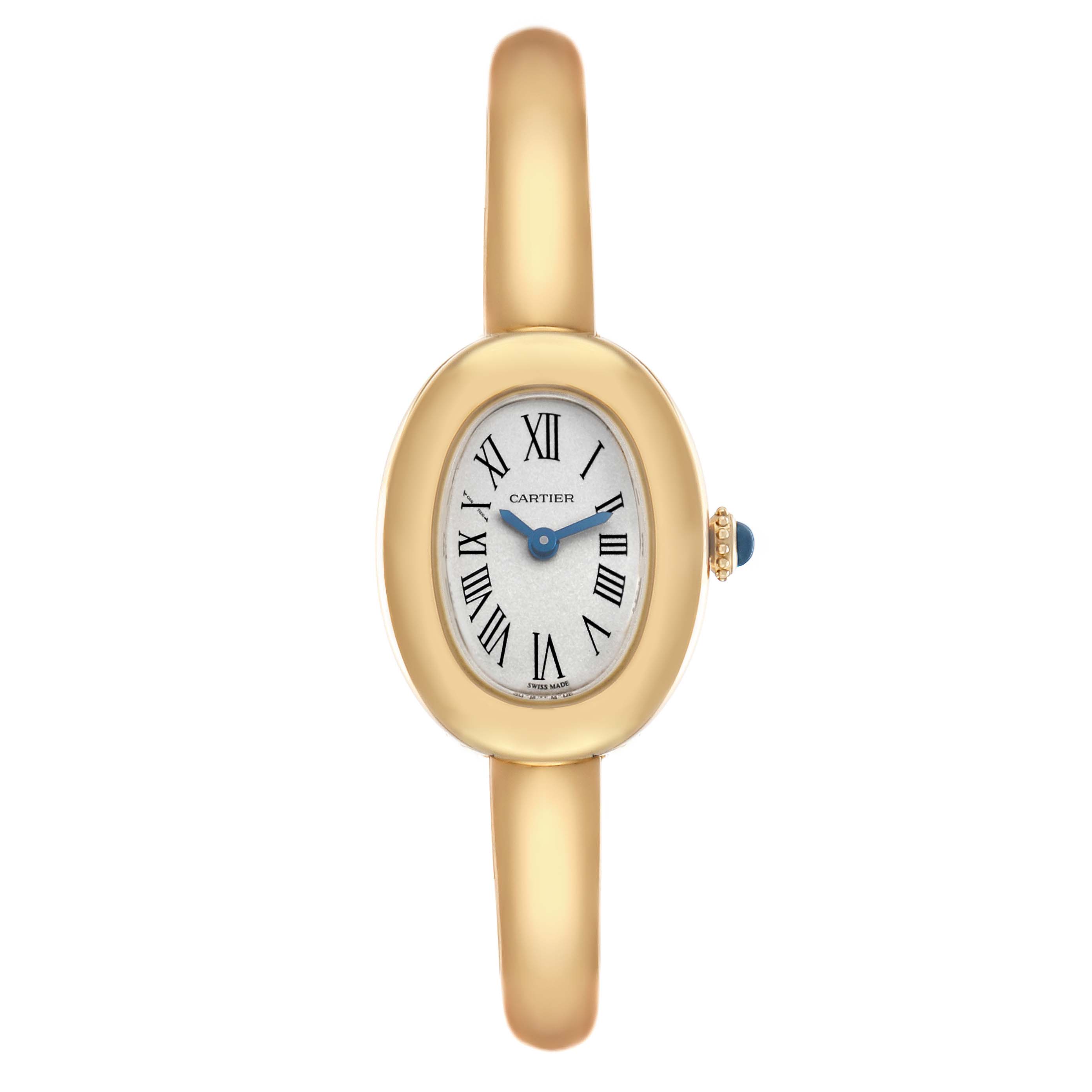The Cartier Baignoire WGBA0018 Women's Yellow Gold Silver Dial watch is shown from a top-down view, displaying the oval face and full bracelet.