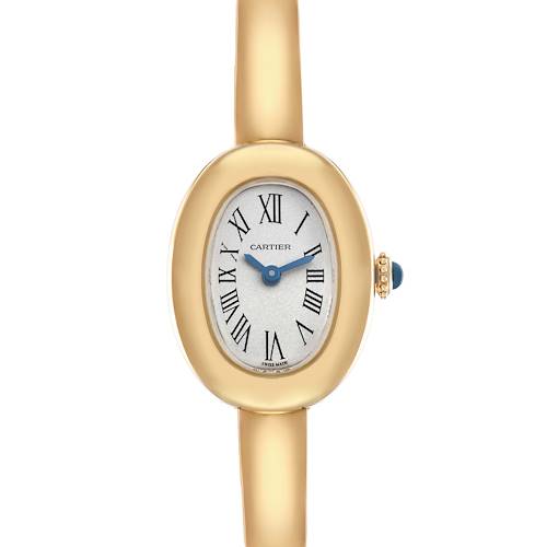 The Cartier Baignoire WGBA0018 Women's Yellow Gold Silver Dial watch is shown from the front, displaying the oval face, Roman numerals, and gold-colored case and strap.