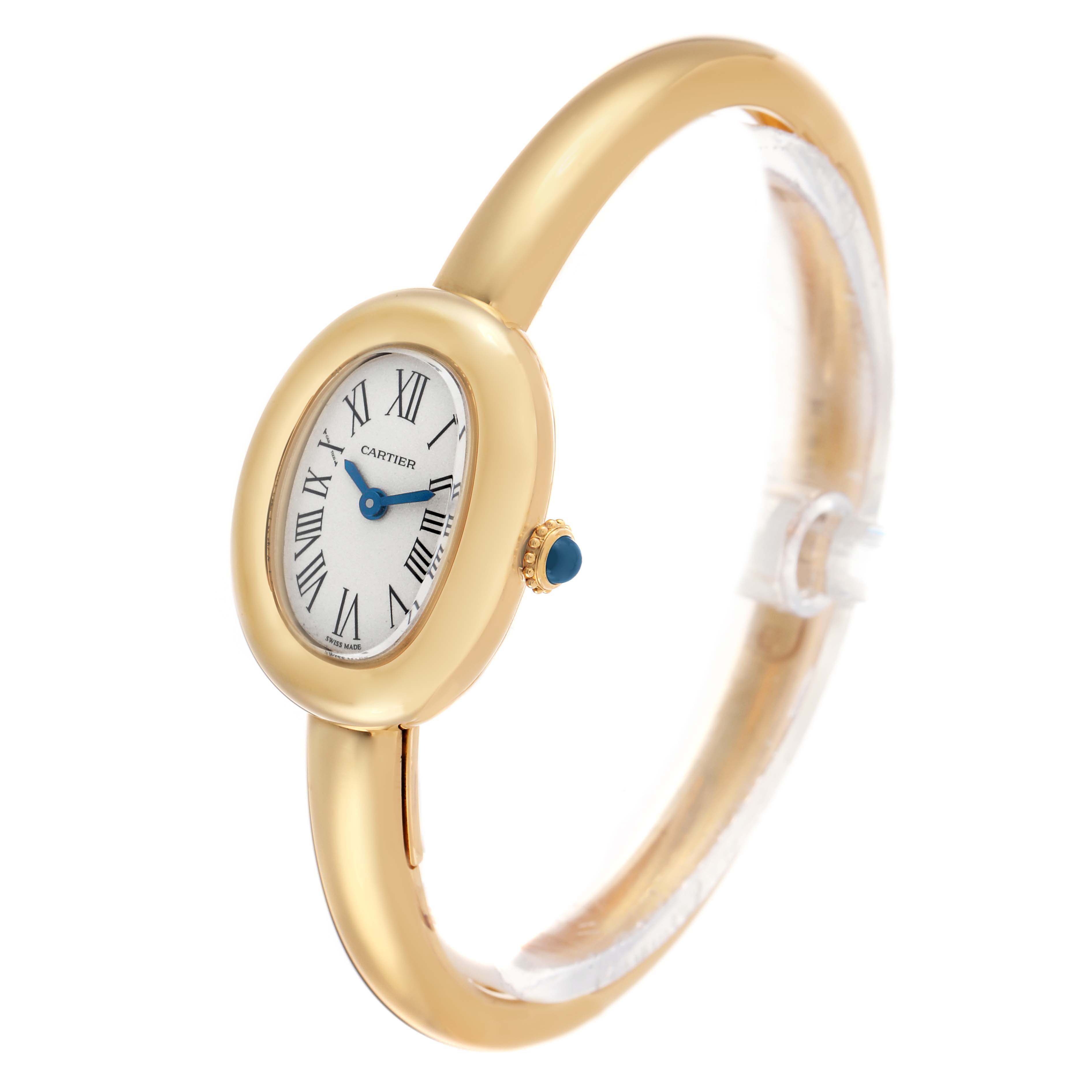 The Cartier Baignoire WGBA0018 Women's Yellow Gold Silver Dial watch is shown at an angle highlighting its oval face, bezel, and side view with the crown.