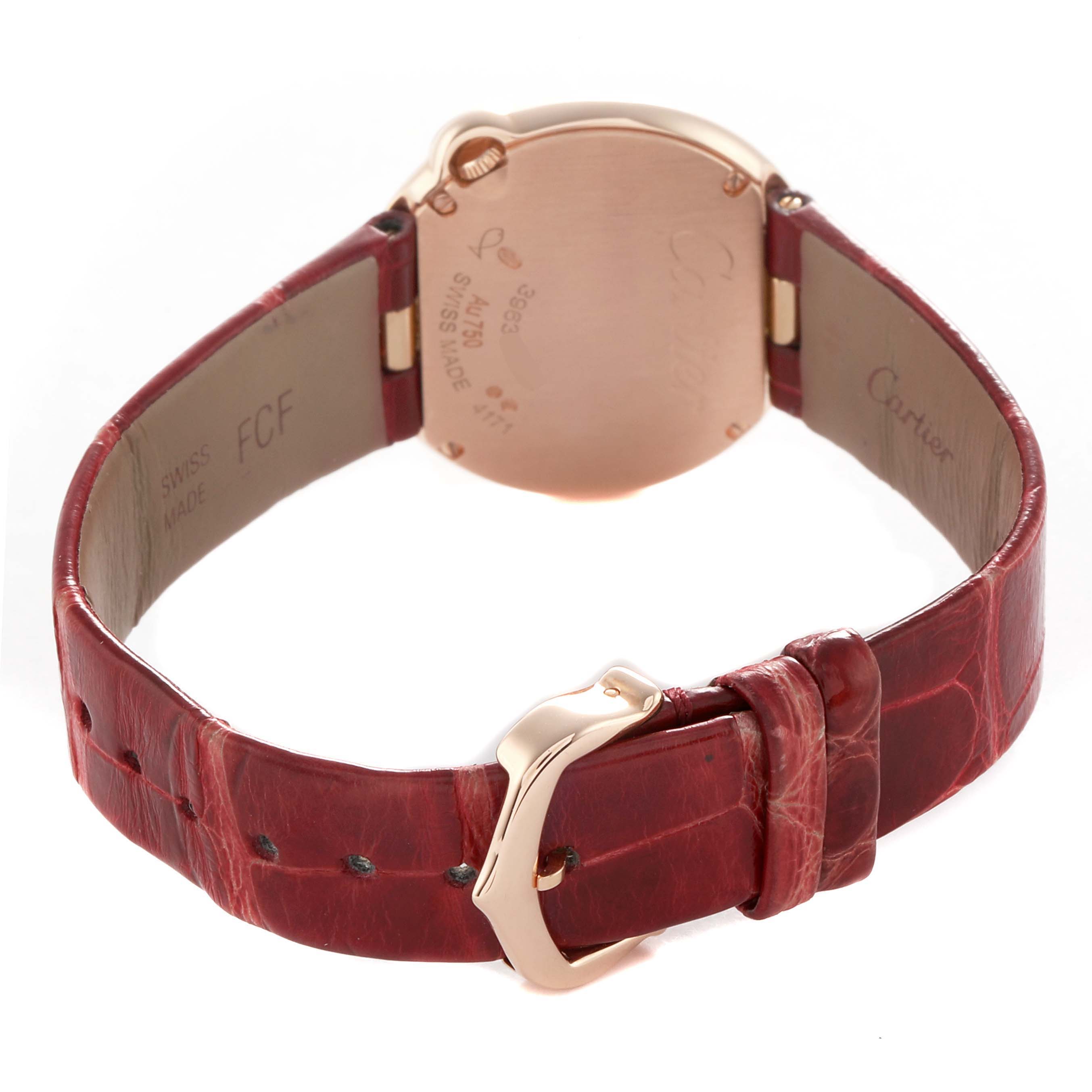 The image shows the back view of a Cartier Ballon Blanc WJBL0012 Women's Rose Gold Silver Dial watch, highlighting the case back, red strap, and buckle.