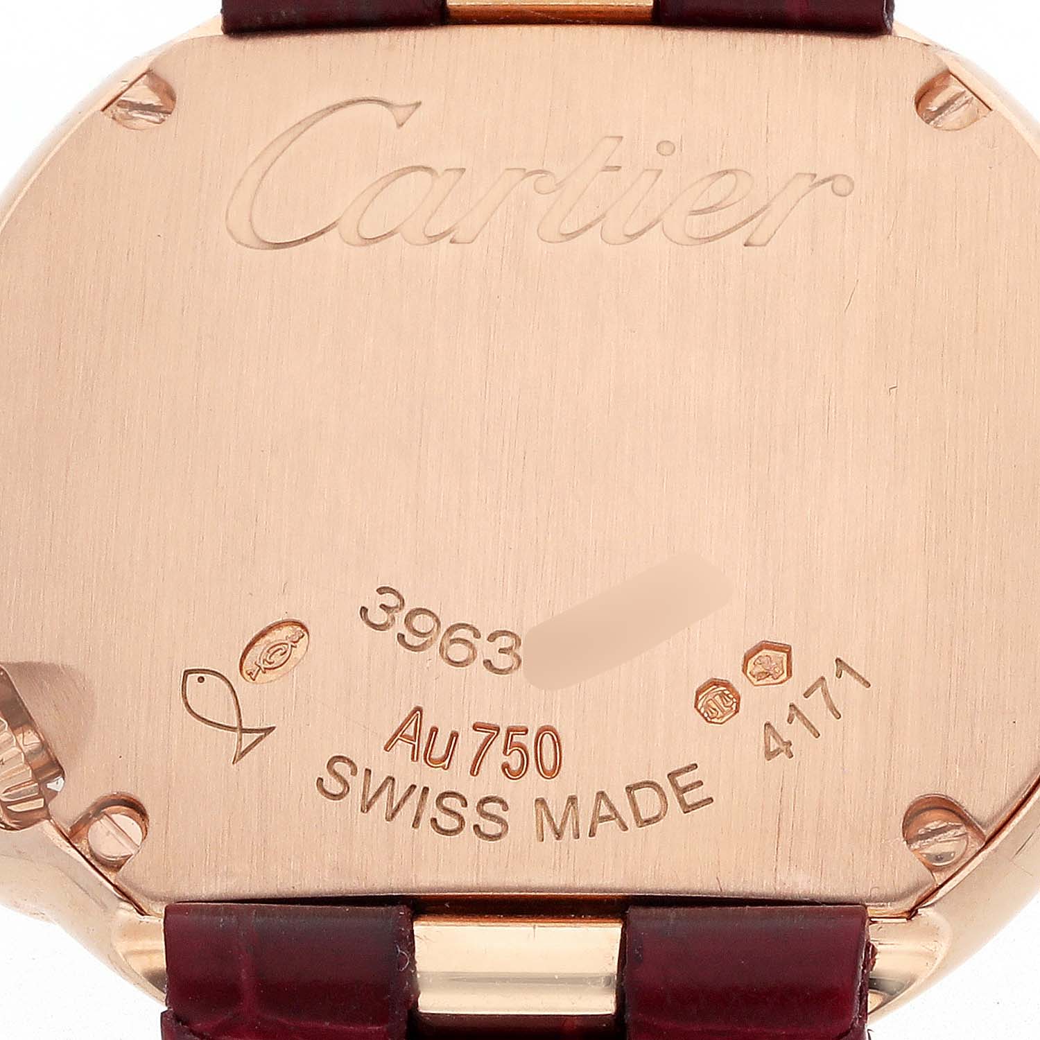 The image shows the back of a Cartier Ballon Blanc WJBL0012 Women's Rose Gold Silver Dial watch, displaying the engraved brand name, model number, and gold purity mark.