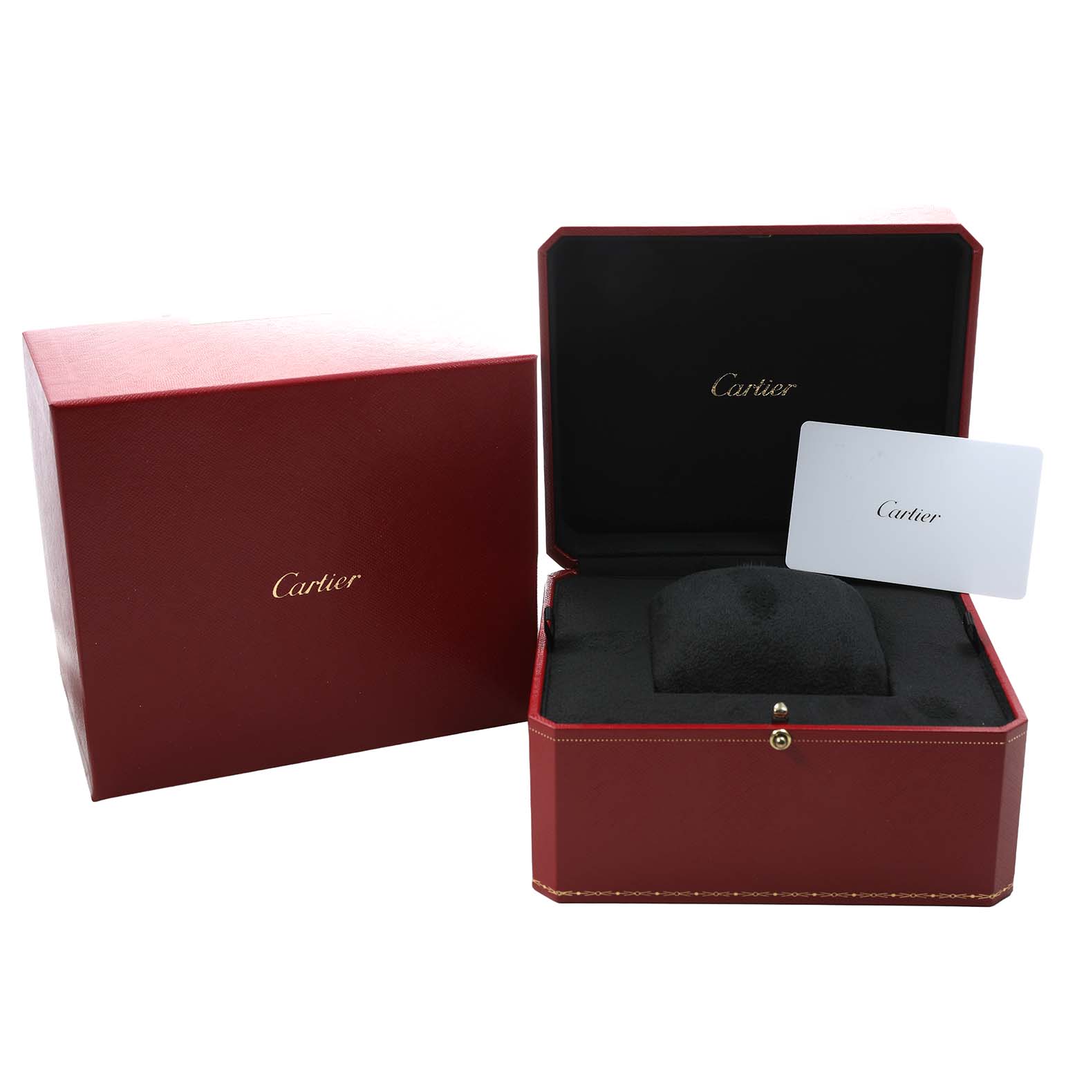 The image shows a red Cartier box and case for the Ballon Bleu model, featuring the brand logo.
