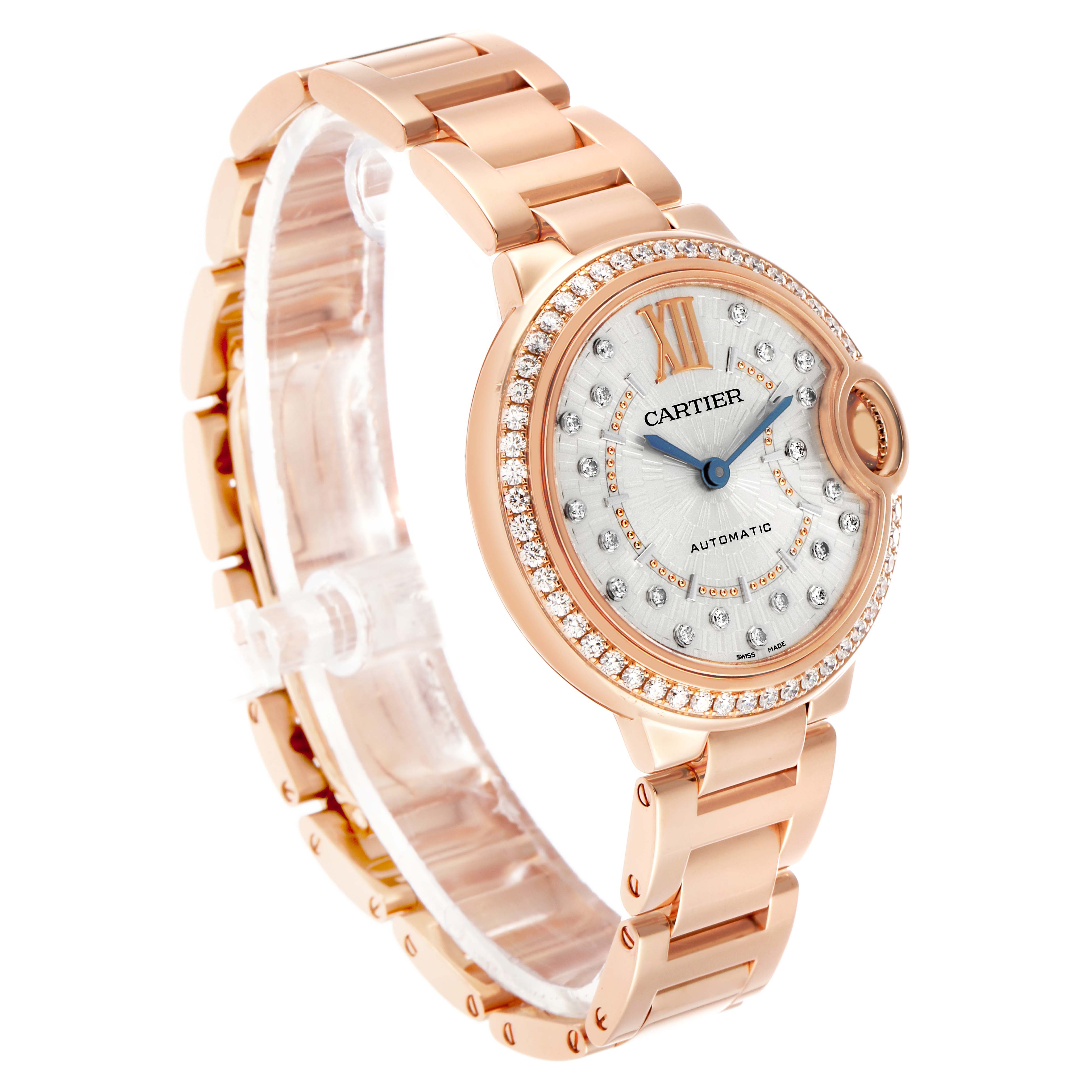 The Cartier Ballon Bleu WJBB0082 Women's Rose Gold Silver Dial watch is shown at a three-quarter angle, highlighting its rose gold bracelet and diamond-set bezel.
