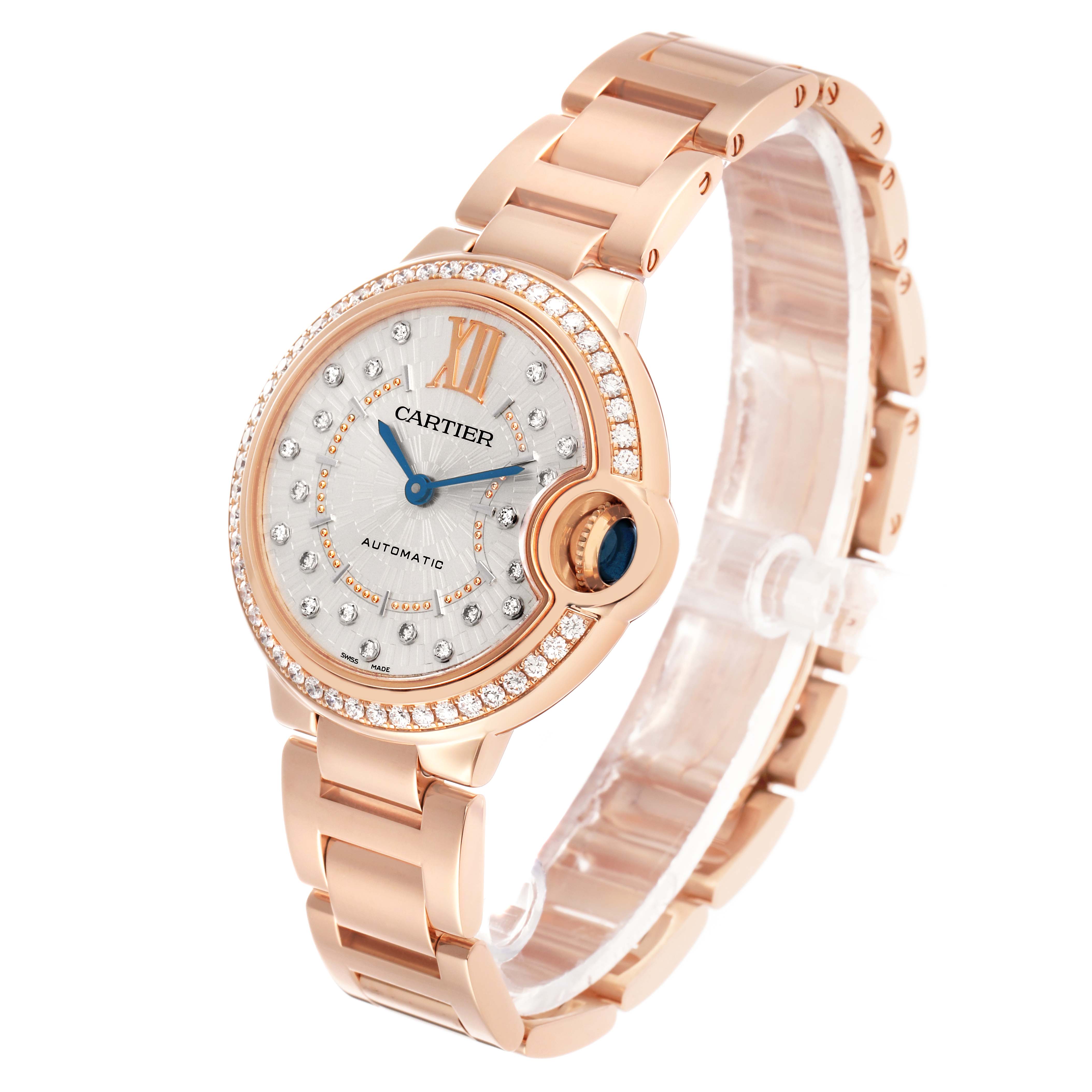 The Cartier Ballon Bleu WJBB0082 Women's Rose Gold Silver Dial watch is shown at an angle displaying the face, bezel, crown, and bracelet.