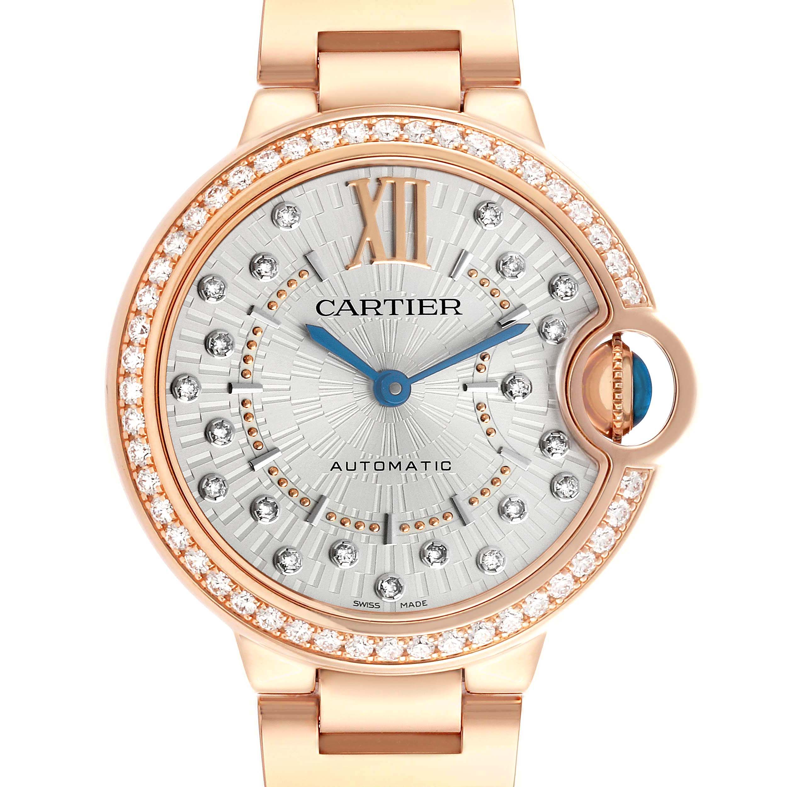 The Cartier Ballon Bleu WJBB0082 Women's Rose Gold Silver Dial watch is shown from the front, highlighting its diamond bezel, Roman numeral XII, blue hands, and crown.