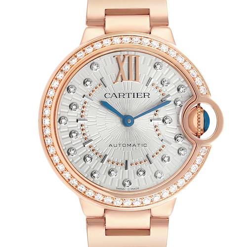 The Cartier Ballon Bleu WJBB0082 Women's Rose Gold Silver Dial watch is shown from the front, highlighting the face, bezel, and part of the bracelet.