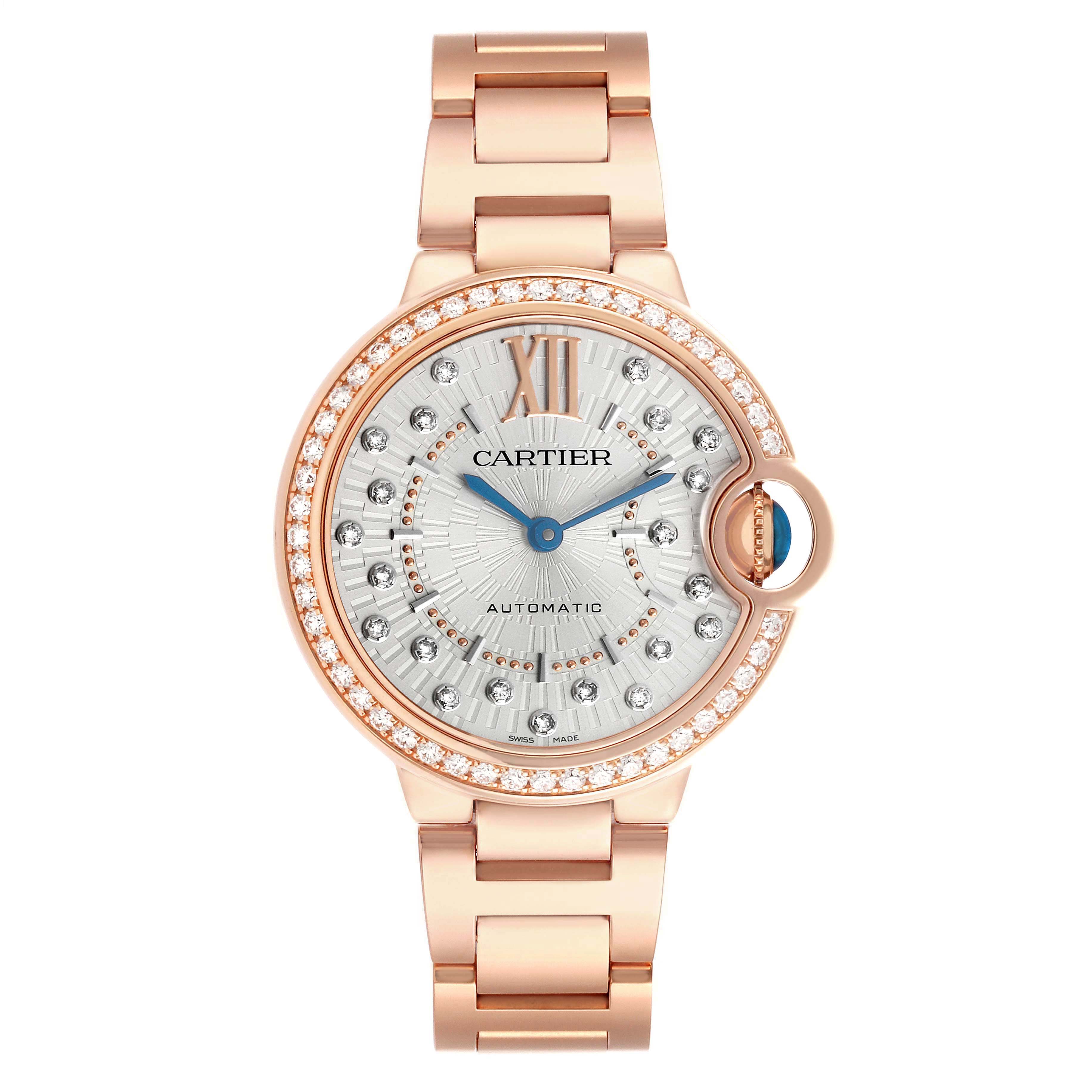 The Cartier Ballon Bleu WJBB0082 Women's Rose Gold Silver Dial watch is shown from a top-down angle, highlighting its rose gold bracelet, diamond bezel, and blue hands.