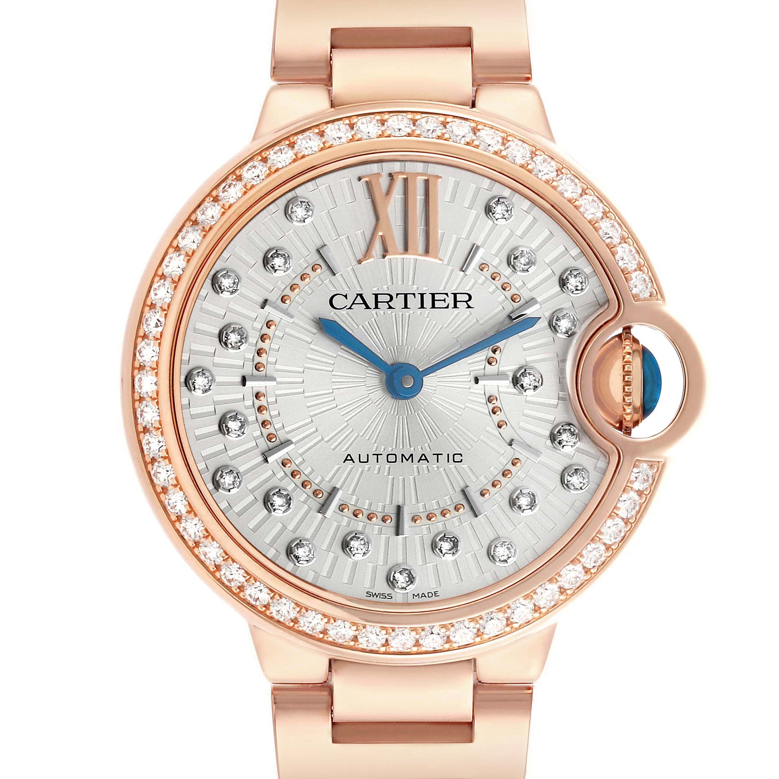 The Ballon Bleu by Cartier is shown from a front angle, displaying its diamond-set bezel and face details.