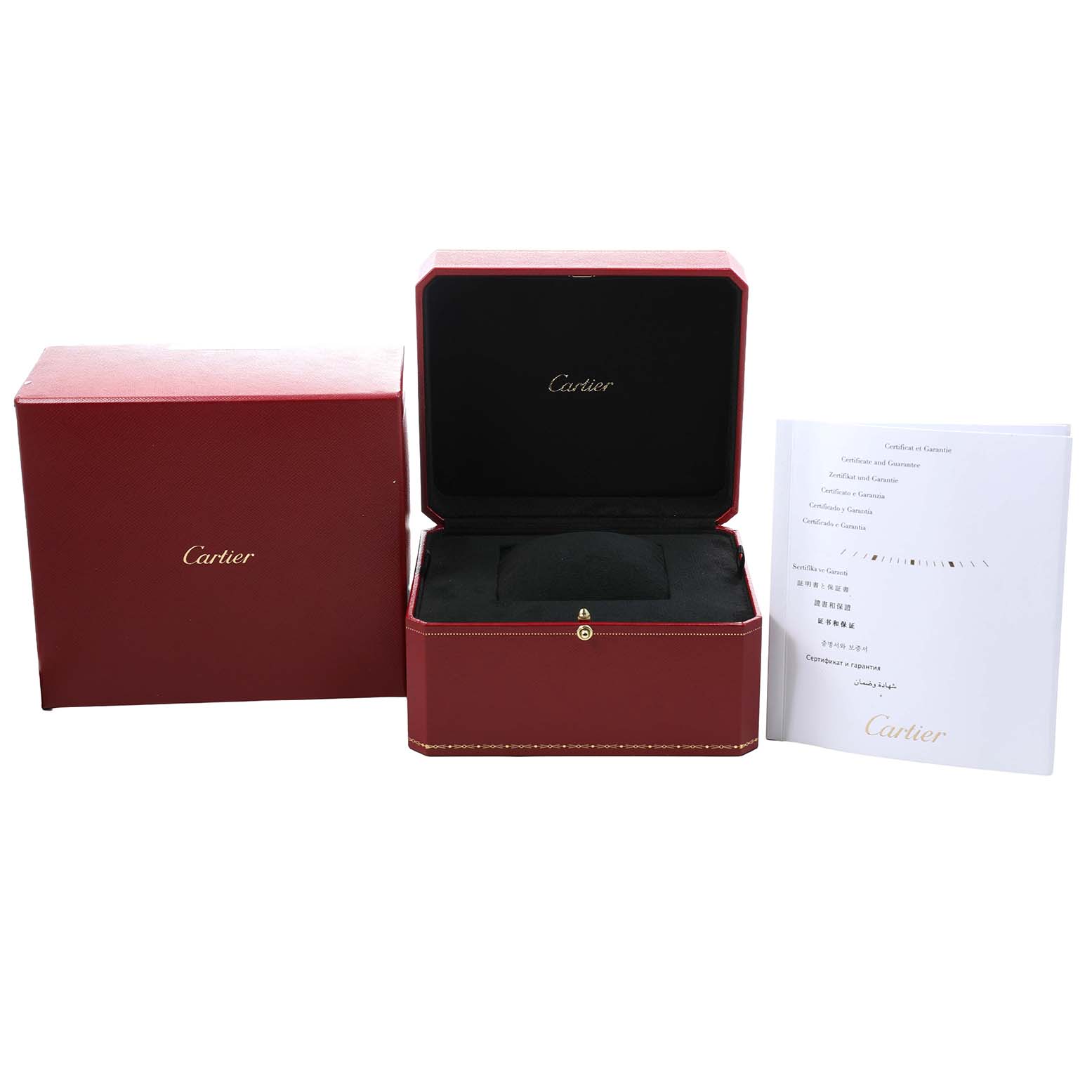 The image shows a Cartier Ballon Bleu WJBB0009 Women's Rose Gold Silver Dial watch box, outer box, and certificate from a frontal angle.