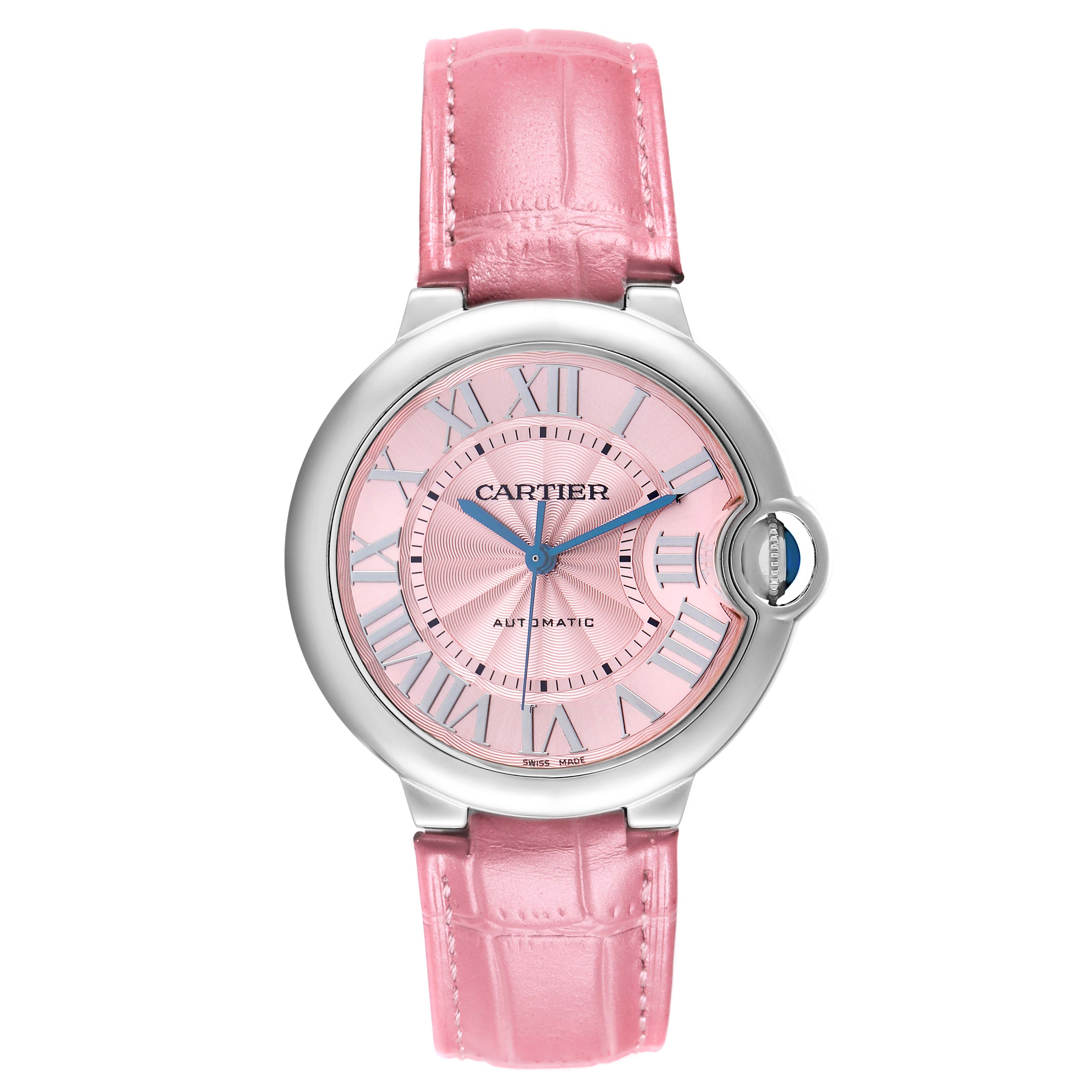 The Cartier Ballon Bleu WSBB0007 Women's Stainless Steel Pink Dial watch is shown from the front, displaying a pink dial, Roman numerals, and a pink leather strap.