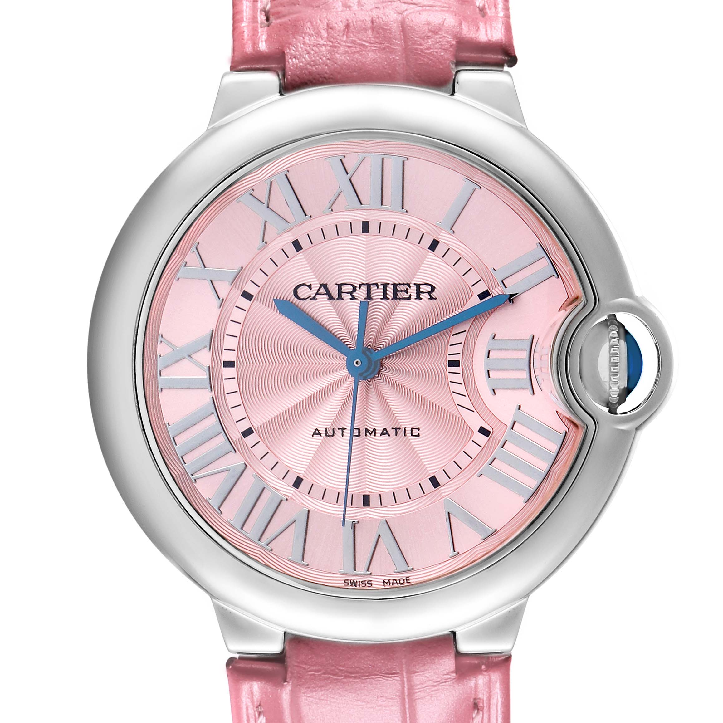 The Cartier Ballon Bleu WSBB0007 Women's Stainless Steel Pink Dial watch is shown from the front, displaying its dial, Roman numerals, and pink strap.