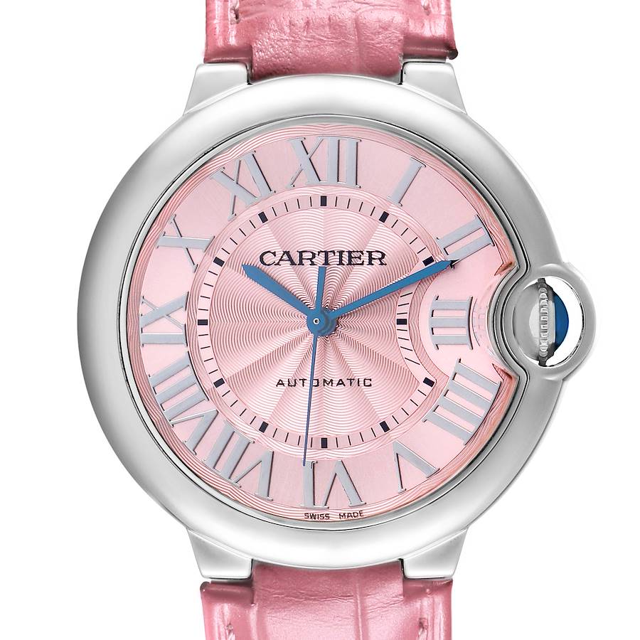The Cartier Ballon Bleu WSBB0007 Women's Stainless Steel Pink Dial watch is shown from the front, displaying its dial, Roman numerals, and pink strap.