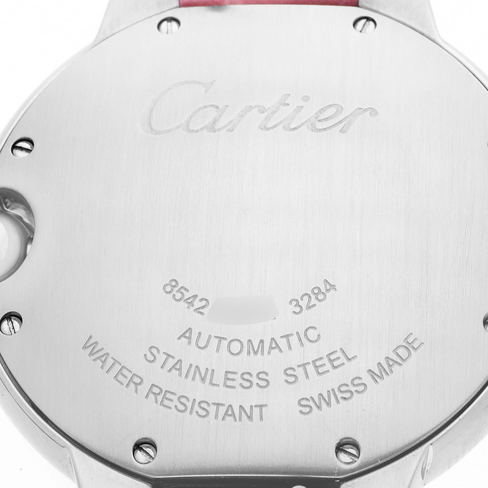 The image shows the back of a Cartier Ballon Bleu WSBB0007 Women's Stainless Steel Pink Dial watch, highlighting the engraved brand name and specifications.