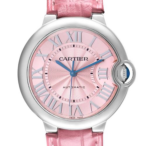 The Cartier Ballon Bleu WSBB0007 Women's Stainless Steel Pink Dial watch is shown from the front, highlighting its pink face, Roman numerals, and blue hands with a pink strap.