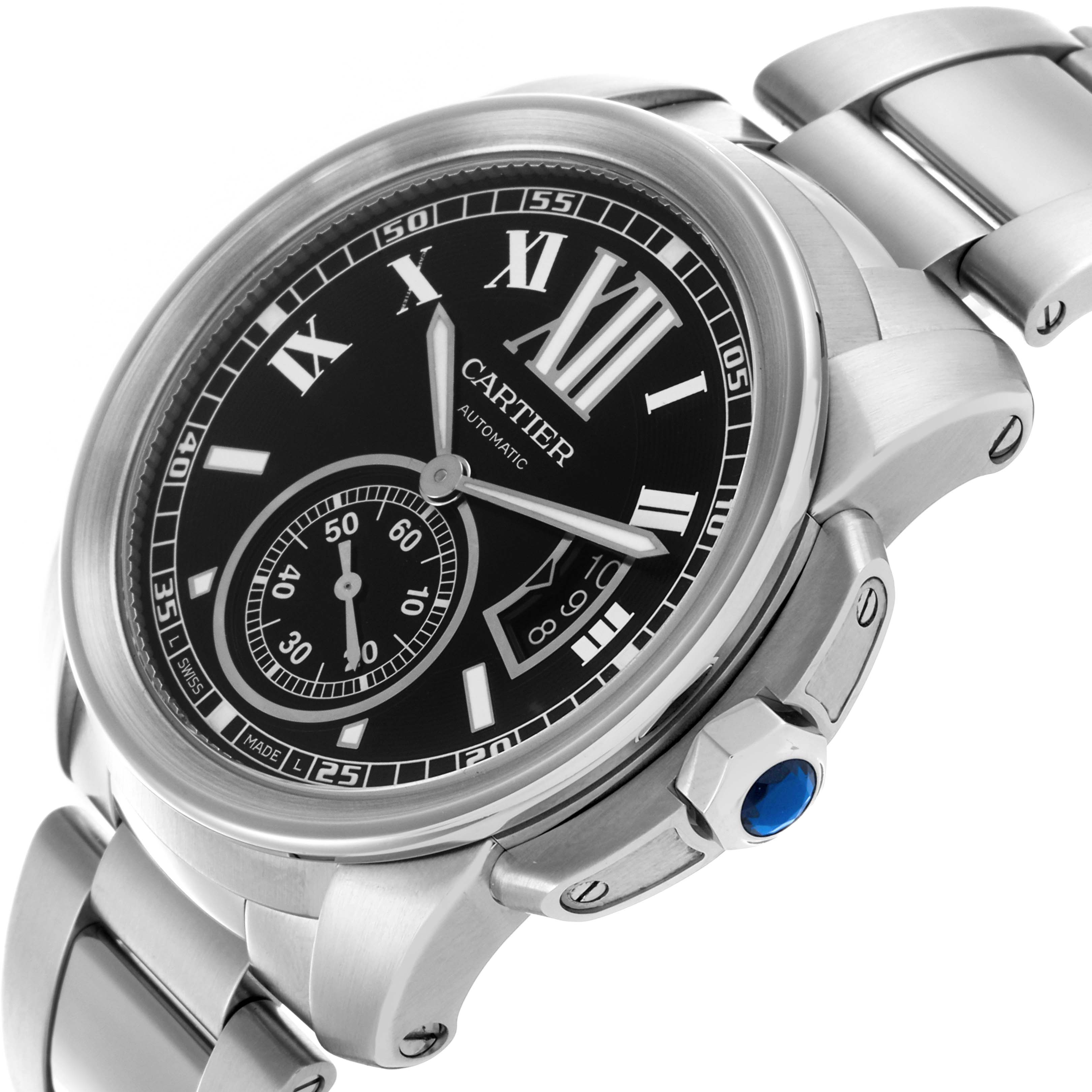 The Calibre de Cartier watch is shown at an angled close-up, highlighting the dial, crown, and bracelet.