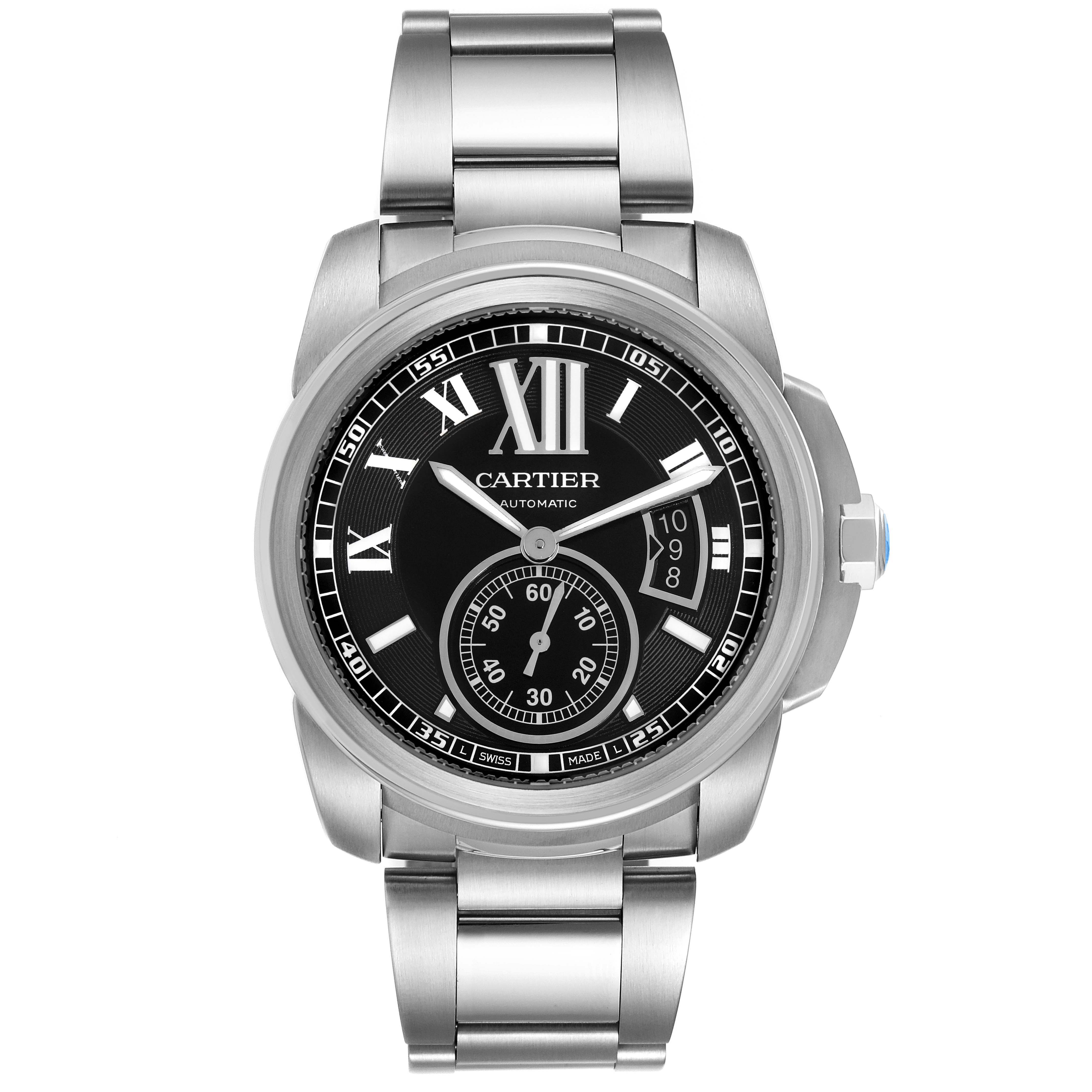 The Calibre de Cartier watch by Cartier is shown from a front angle displaying the face, case, and bracelet.