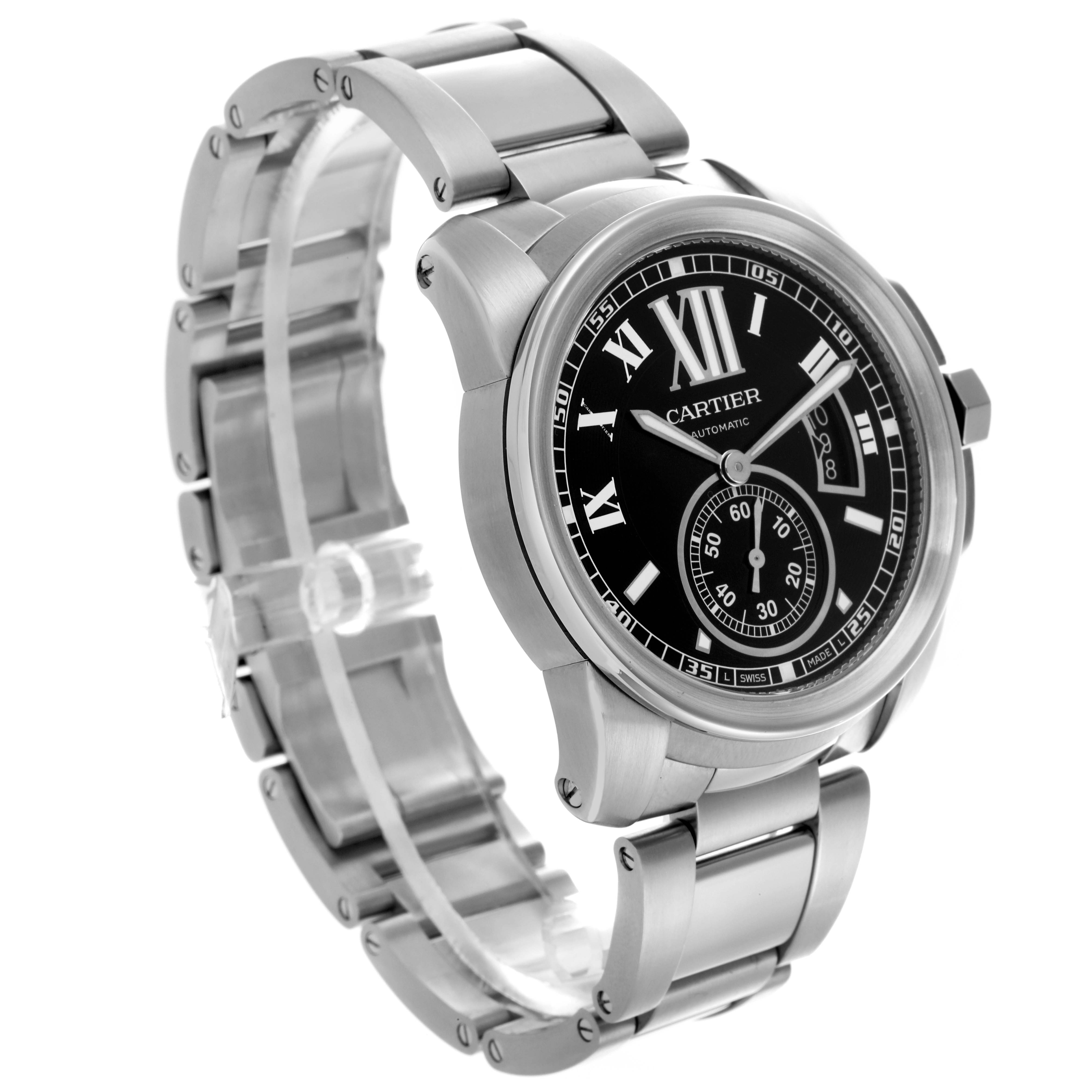 The Calibre de Cartier watch is shown at a three-quarter angle, highlighting the face, bezel, and bracelet.