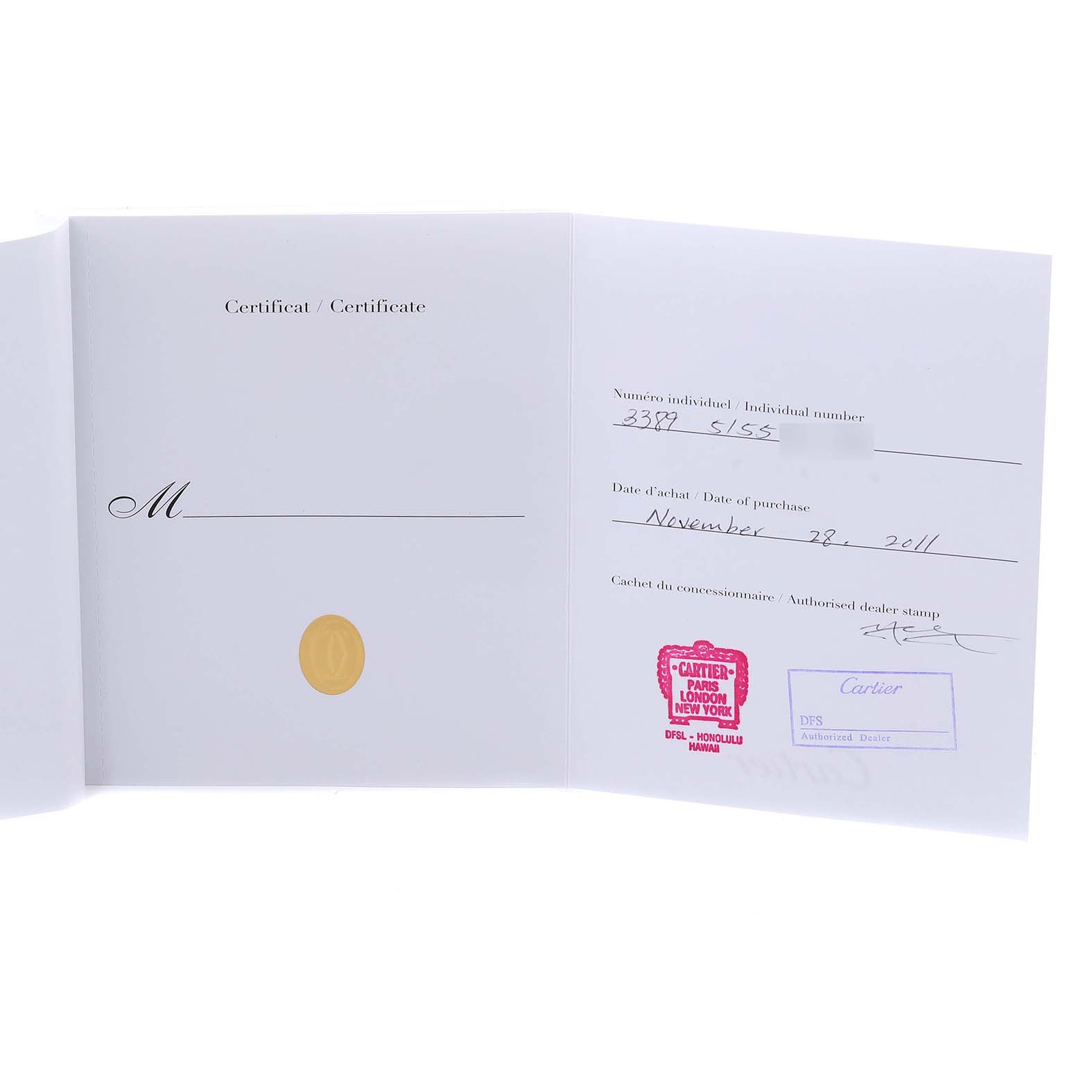 The image shows a certificate booklet for a Calibre de Cartier watch by Cartier, displaying purchase details and dealer stamps.