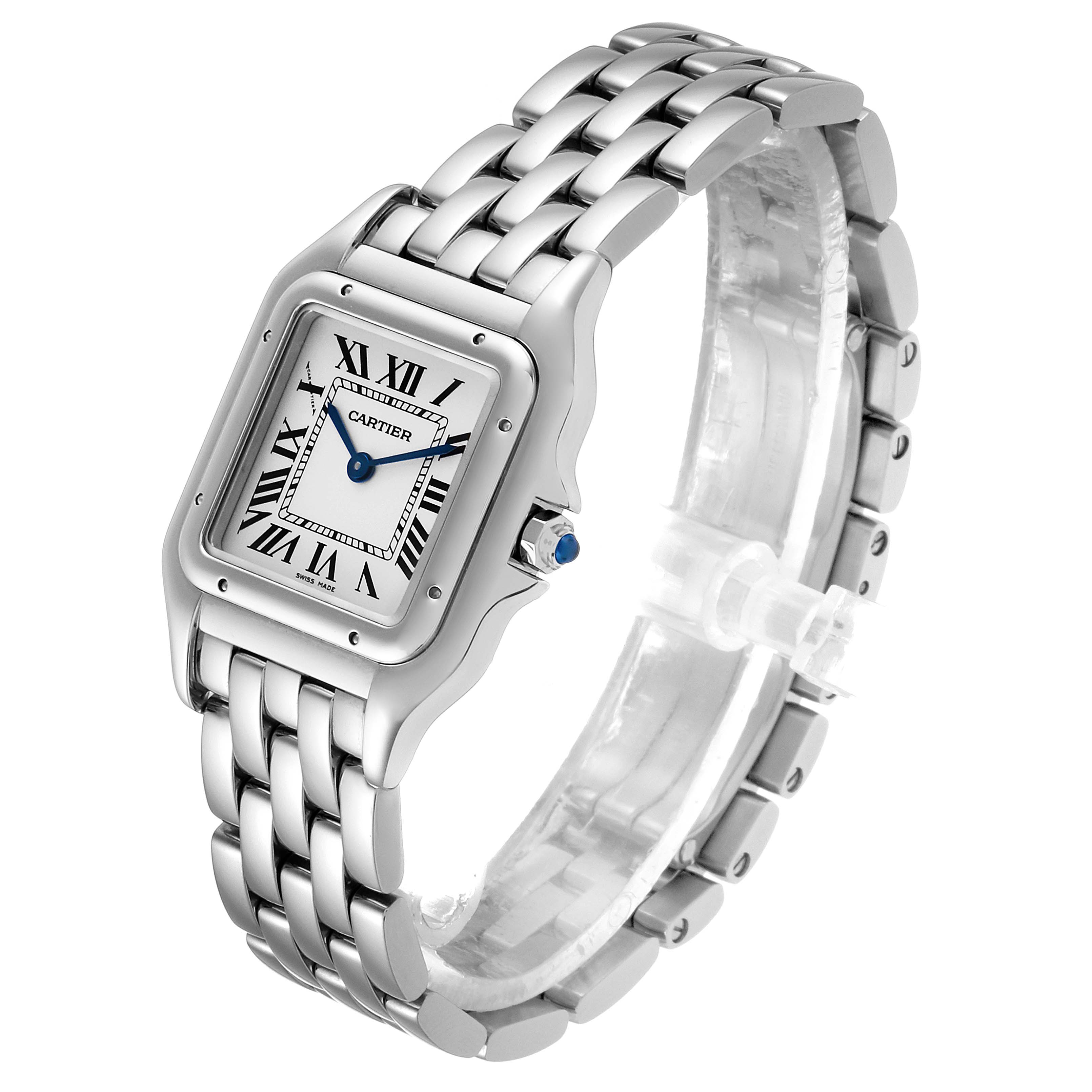 The Cartier Panthere WSPN0007 Women
s Stainless Steel Silver Dial WSPN0007 Women
s Stainless Steel Silver Dial watch is shown at an angle highlighting the face, Roman numeral dial, and metal bracelet.