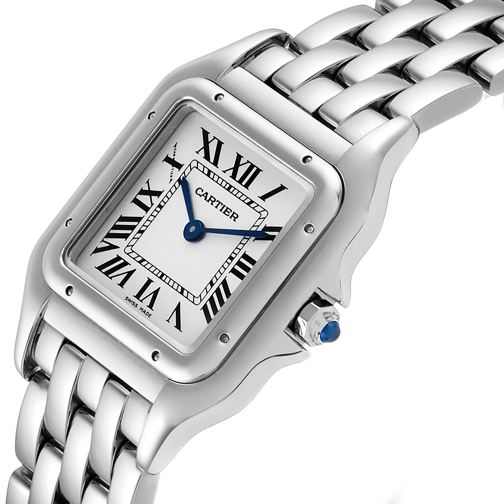 The image shows a close-up angle of the Panthère de Cartier watch, highlighting its face, bezel, and part of the bracelet.