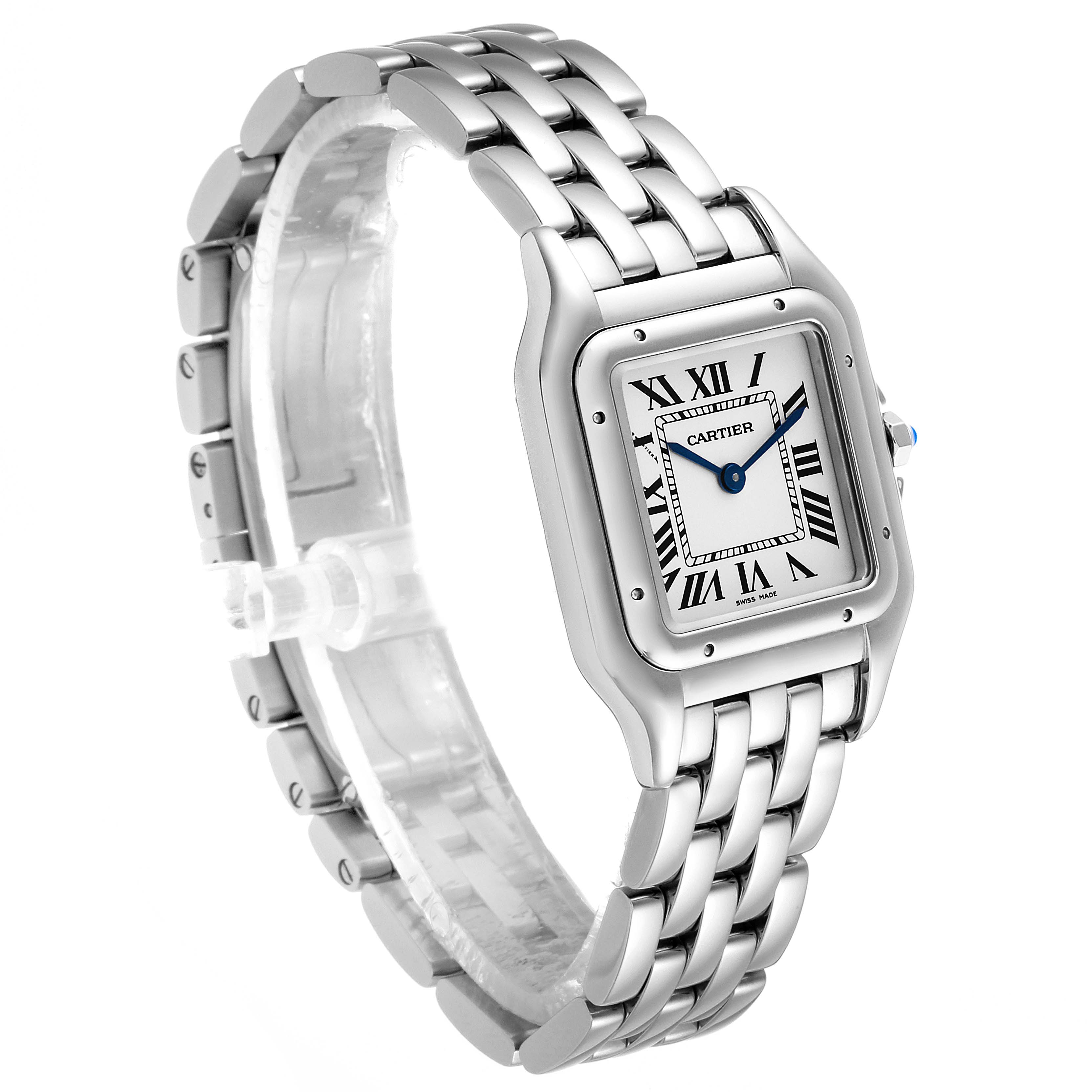 The image shows a side-angle view of a Cartier Panthere WSPN0007 Women
s Stainless Steel Silver Dial WSPN0007 Women
s Stainless Steel Silver Dial watch, highlighting its face, case, and bracelet.