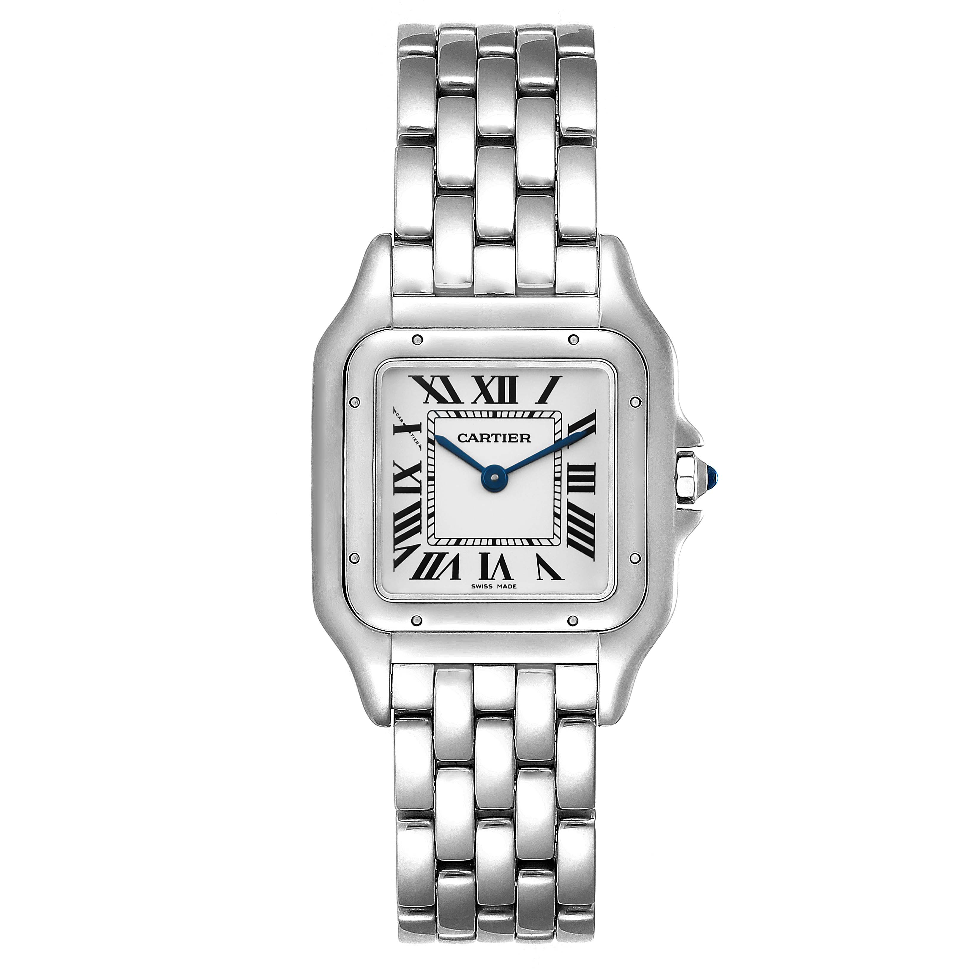 This image shows a Cartier Panthere WSPN0007 Women
s Stainless Steel Silver Dial WSPN0007 Women
s Stainless Steel Silver Dial watch from a front angle, highlighting its face, bezel, and bracelet.