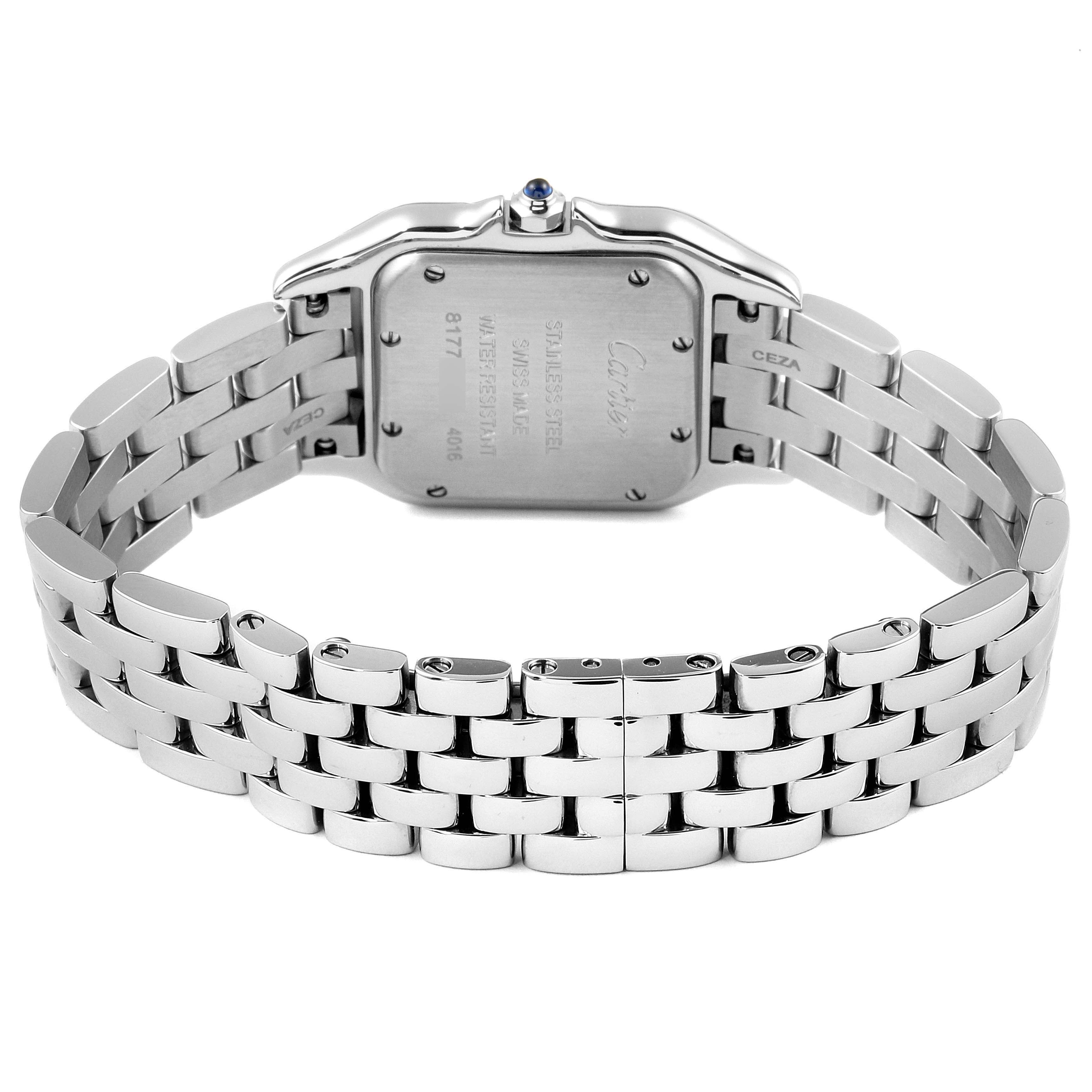 The image shows the back and bracelet of a Cartier Panthere WSPN0007 Women
s Stainless Steel Silver Dial WSPN0007 Women
s Stainless Steel Silver Dial watch.