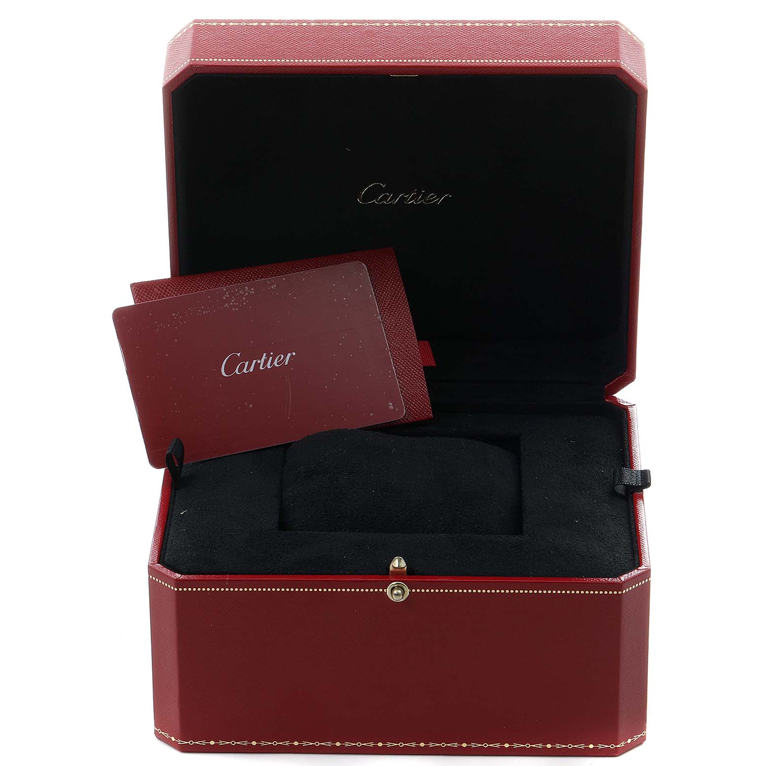 This image shows the open box and Best Quality
ity cards of a Cartier Panthere WSPN0007 Women
s Stainless Steel Silver Dial WSPN0007 Women
s Stainless Steel Silver Dial watch from a front angle.