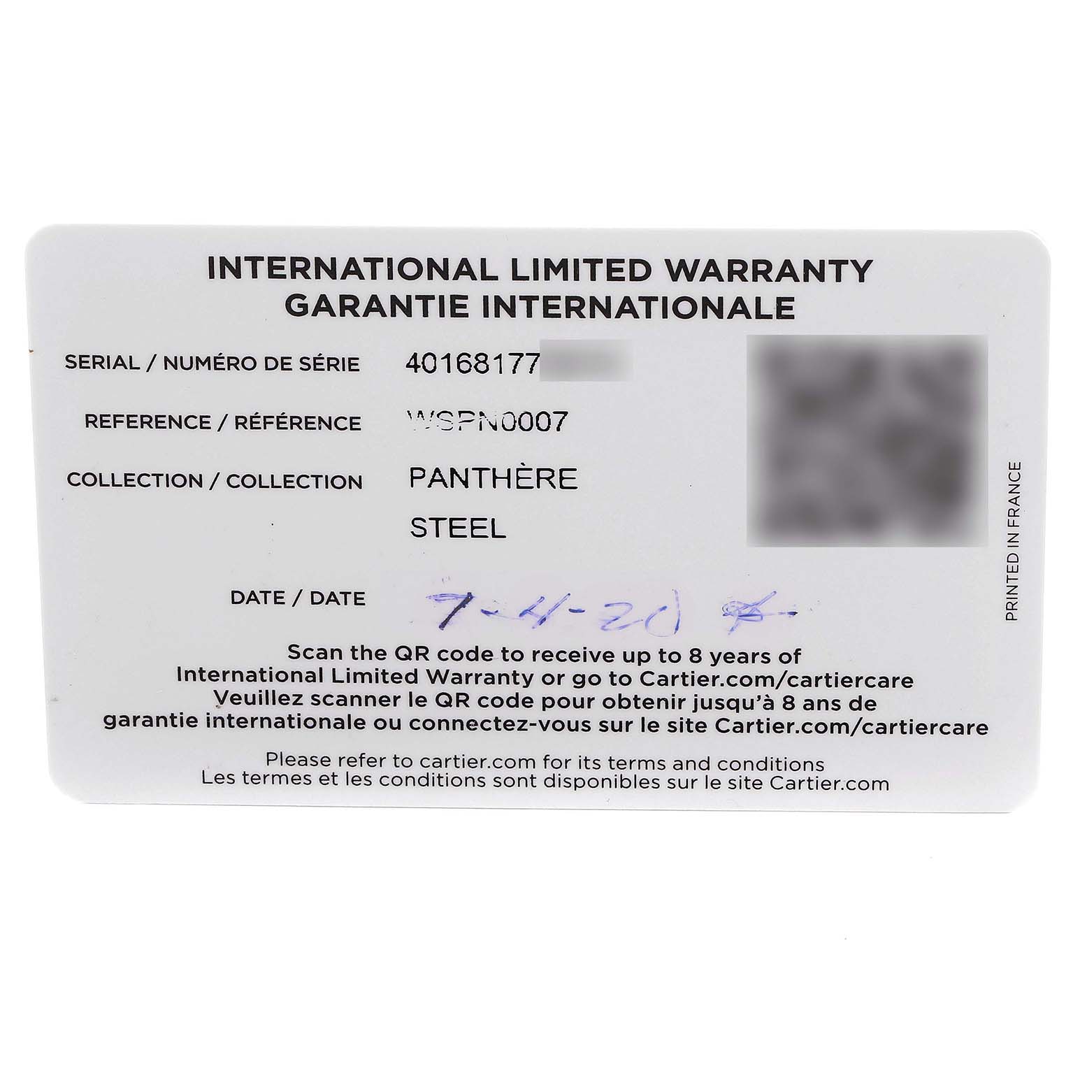 This image shows the International Limited Warranty card for the Cartier Panthere WSPN0007 Women
s Stainless Steel Silver Dial WSPN0007 Women
s Stainless Steel Silver Dial model watch.