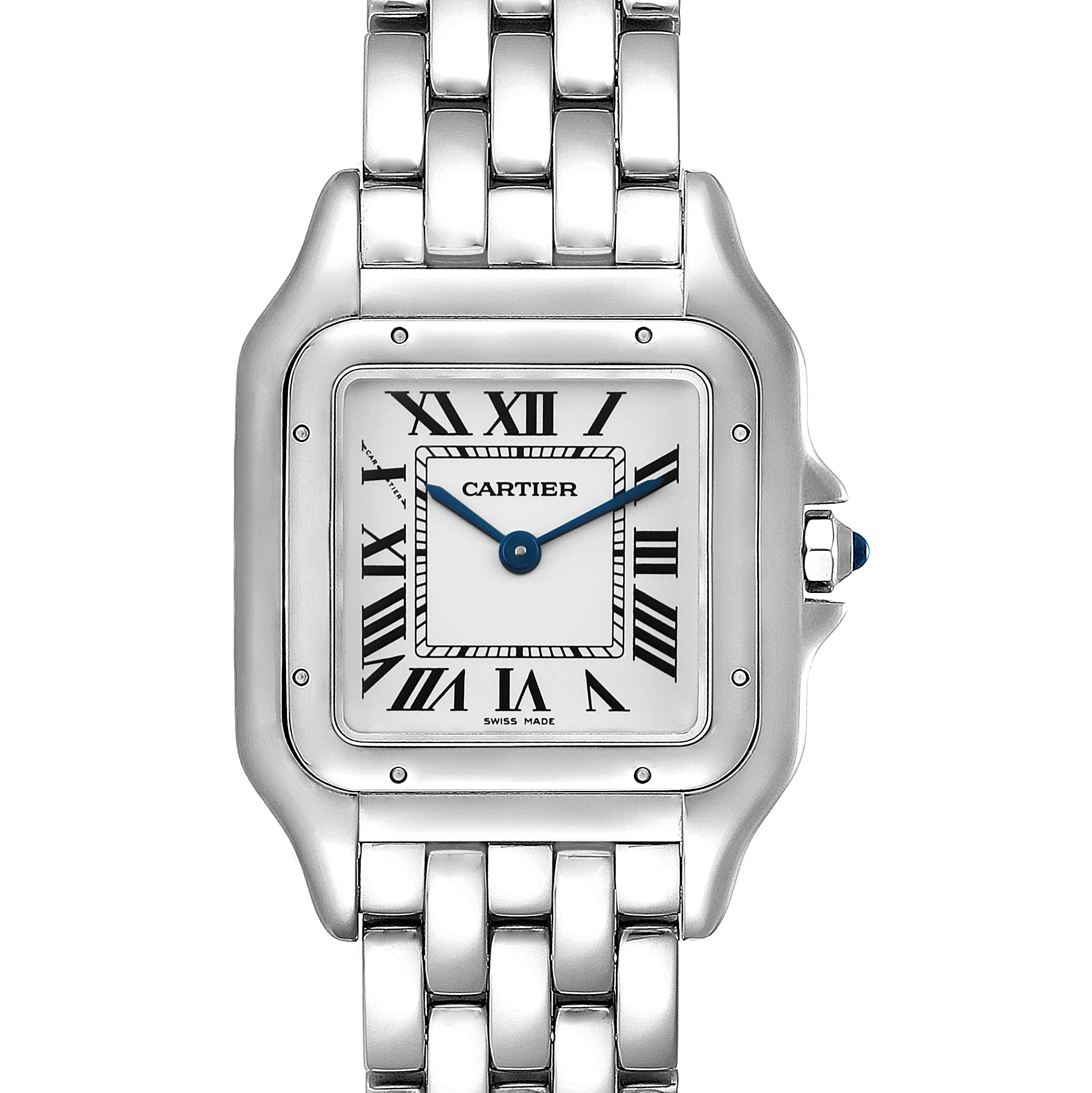 The image shows a frontal view of a Cartier Panthere WSPN0007 Women
s Stainless Steel Silver Dial WSPN0007 Women
s Stainless Steel Silver Dial watch, highlighting the face, Roman numeral markers, and metal bracelet.