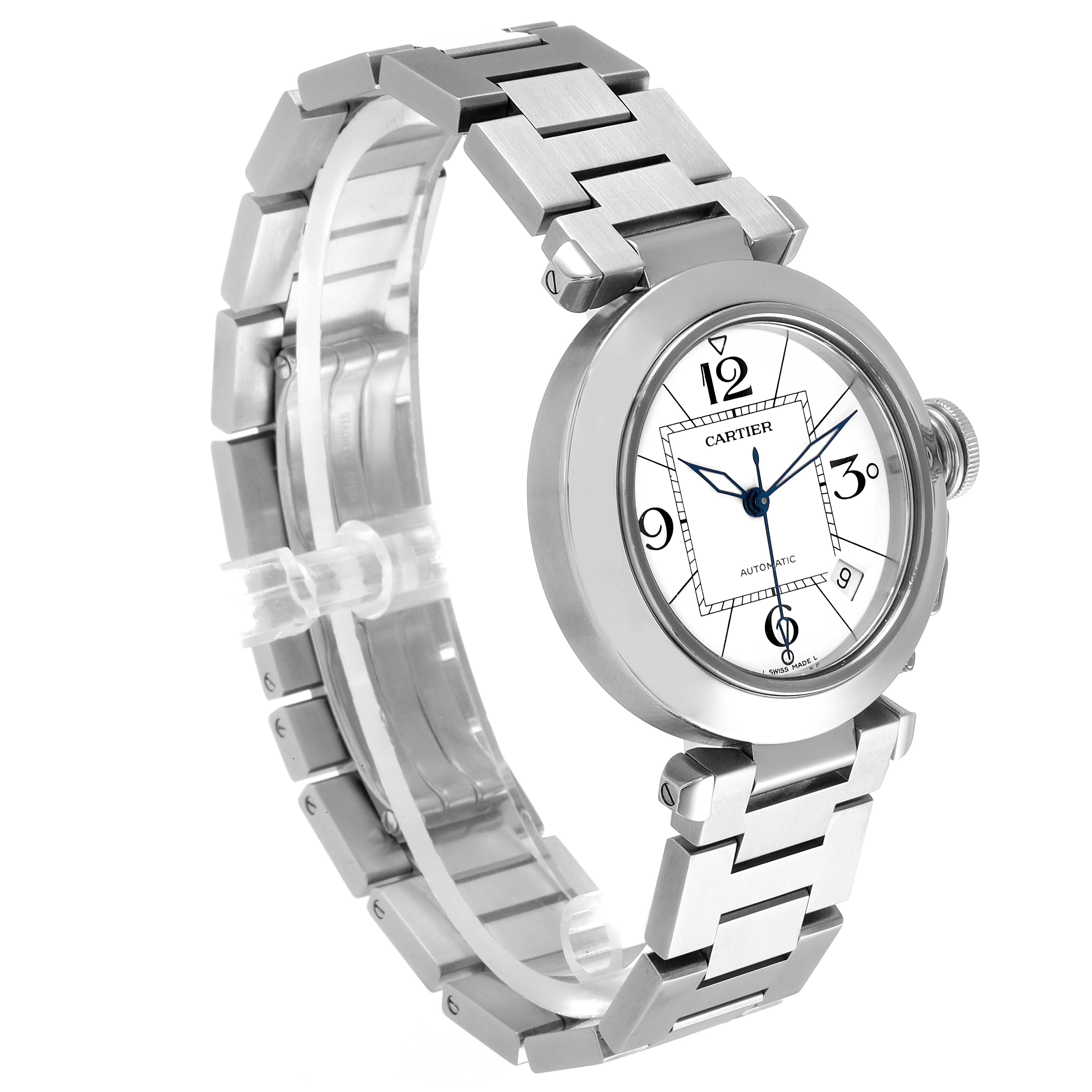 The image shows a Cartier Pasha W31074M7 Men's Stainless Steel White Dial W31074M7 Men's Stainless Steel White Dial watch at a three-quarter angle, highlighting the front face and metal bracelet.