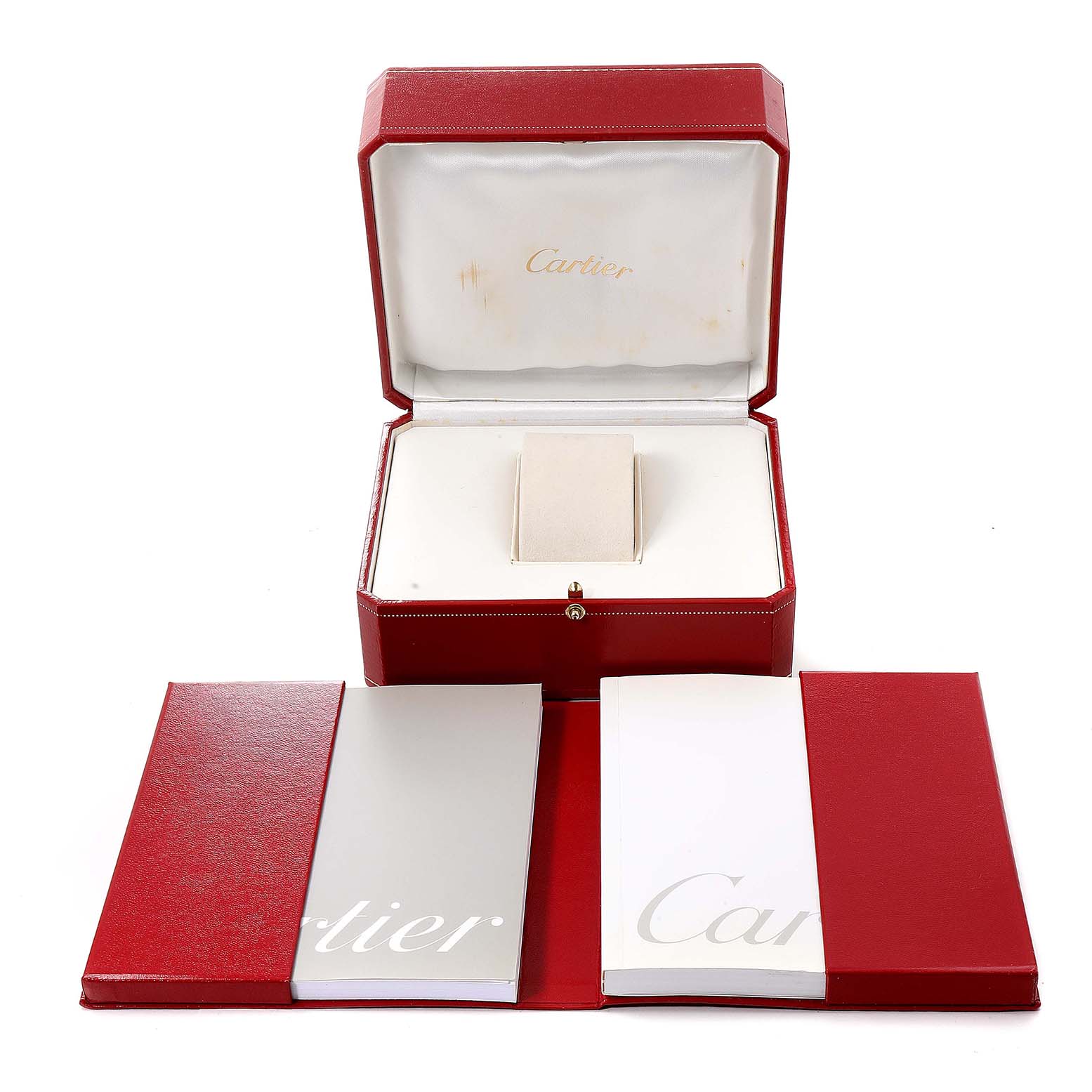 The image shows the packaging, booklet, and empty case for a Cartier Pasha W31074M7 Men's Stainless Steel White Dial W31074M7 Men's Stainless Steel White Dial watch.
