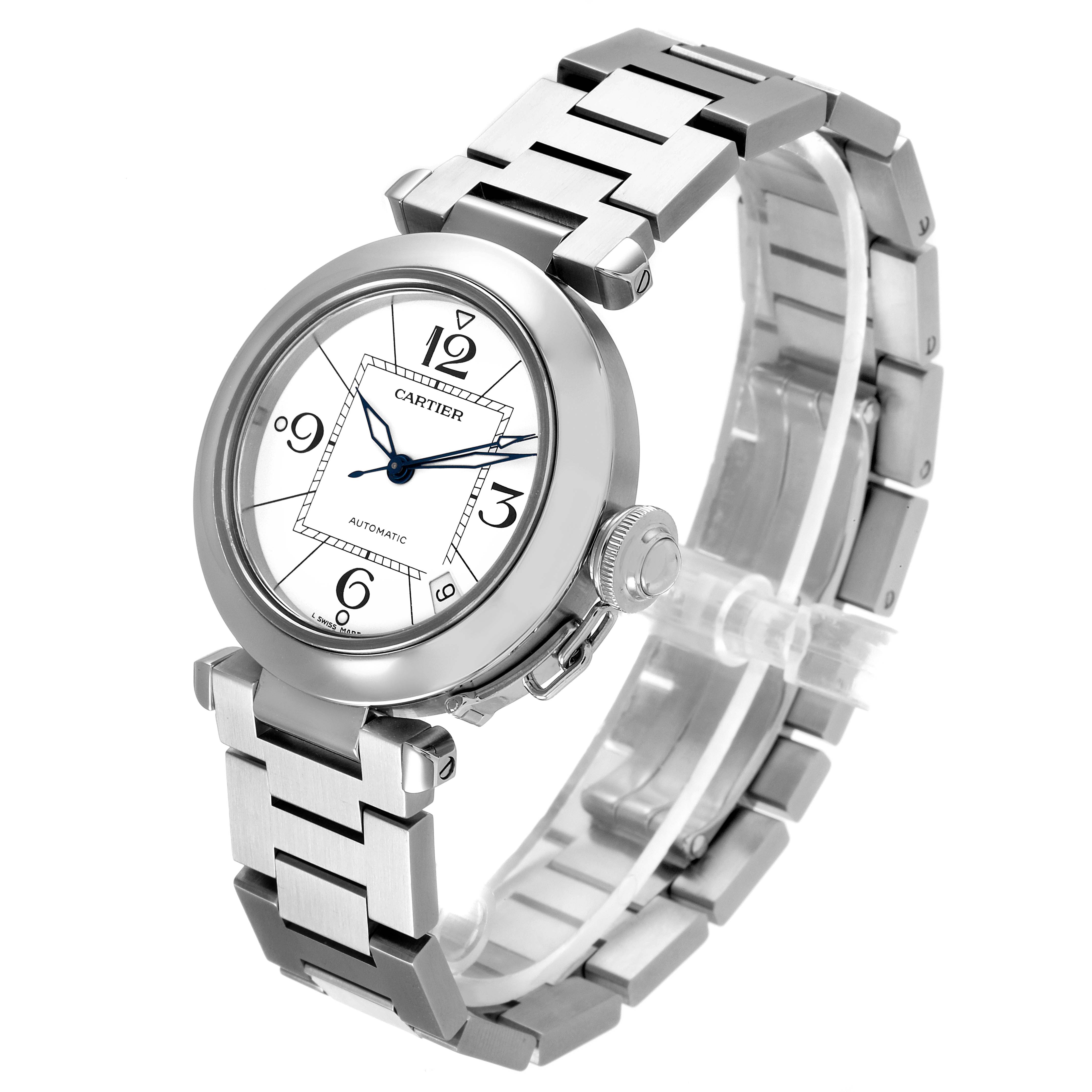 This image shows the Pasha model watch by Cartier at a three-quarter angle, highlighting the dial, bezel, crown, and bracelet.