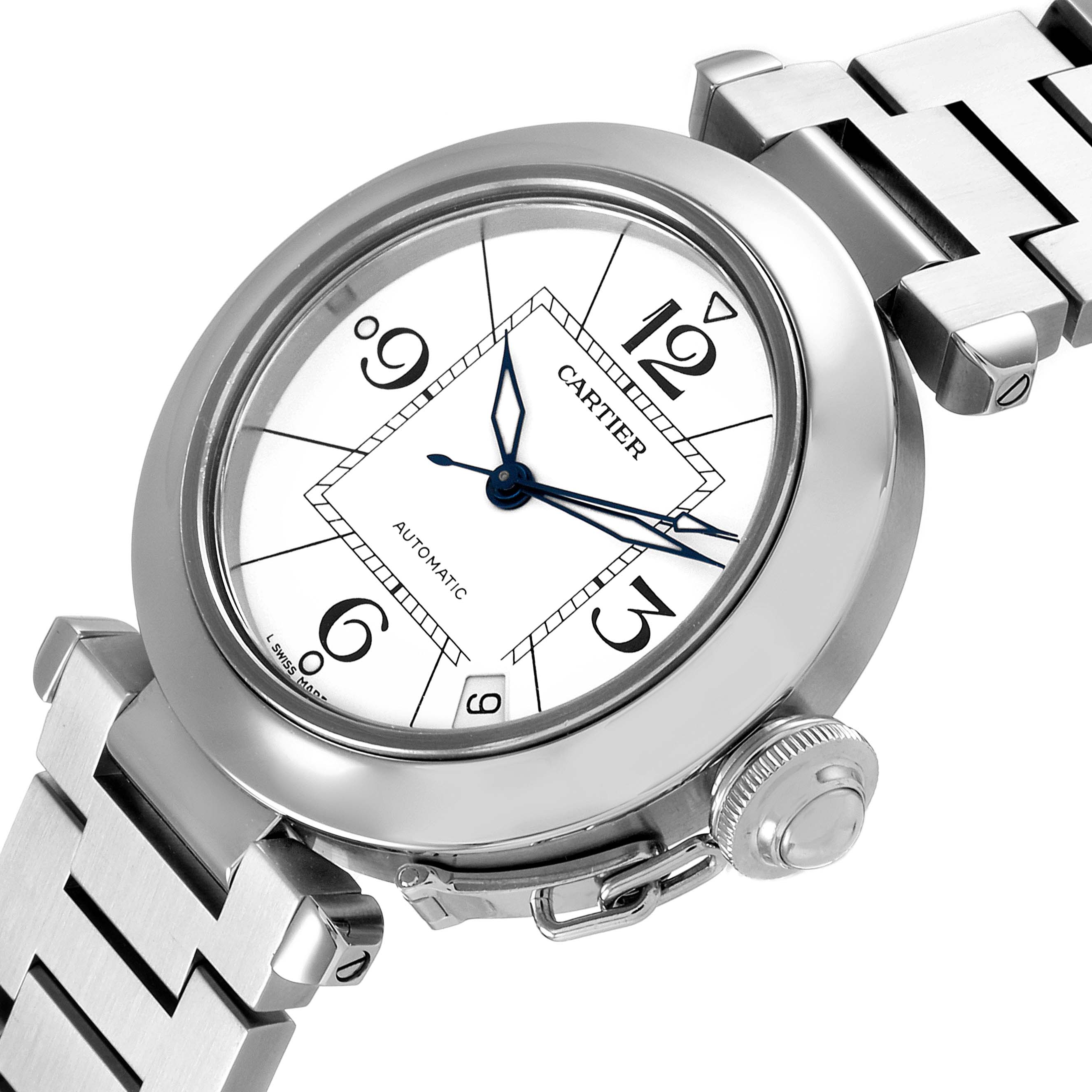 The angle shows the face, part of the bezel, and a section of the bracelet of the Cartier Pasha W31074M7 Men's Stainless Steel White Dial W31074M7 Men's Stainless Steel White Dial model watch.