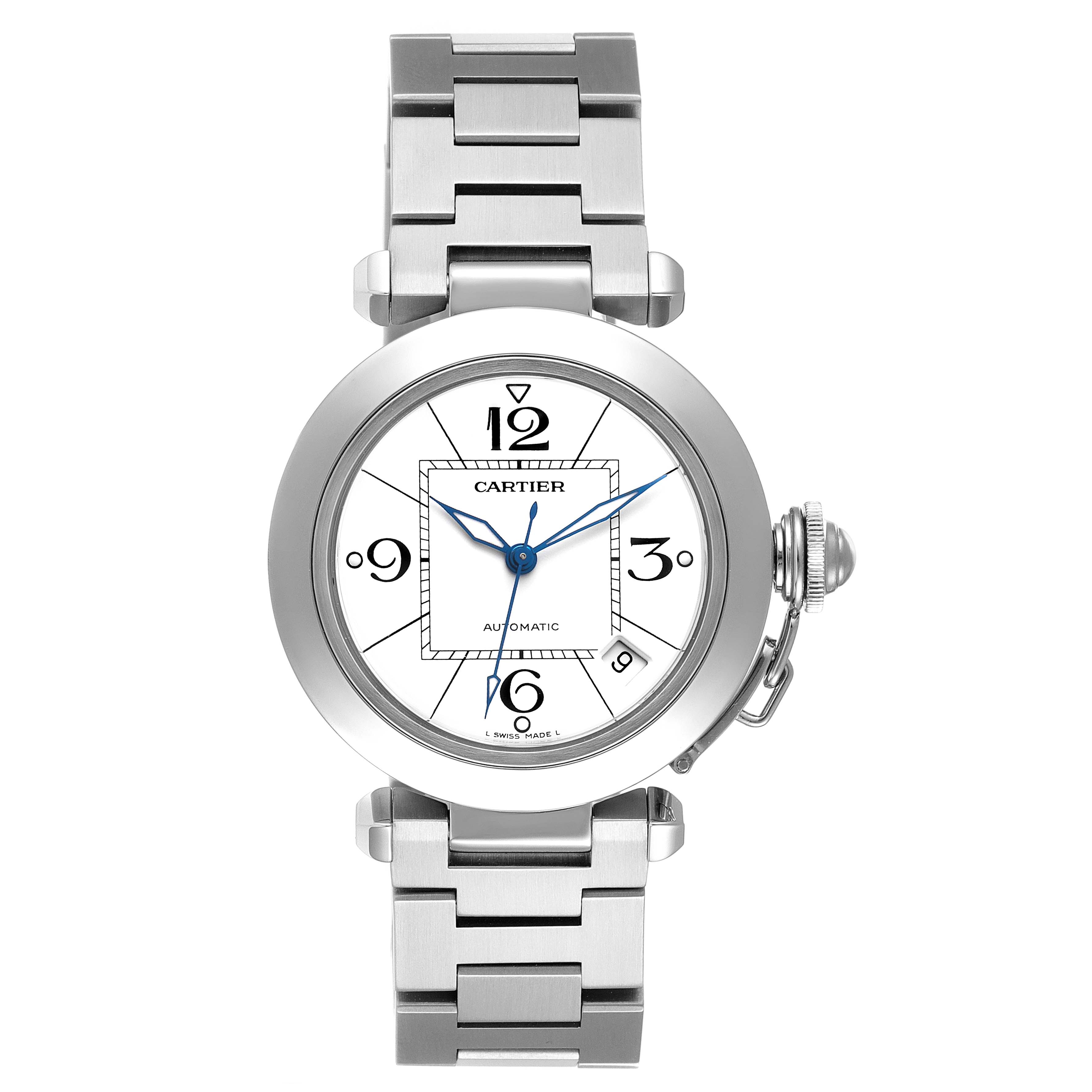 This Cartier Pasha W31074M7 Men's Stainless Steel White Dial W31074M7 Men's Stainless Steel White Dial watch is shown from a top-down angle featuring its face, bracelet, and crown.
