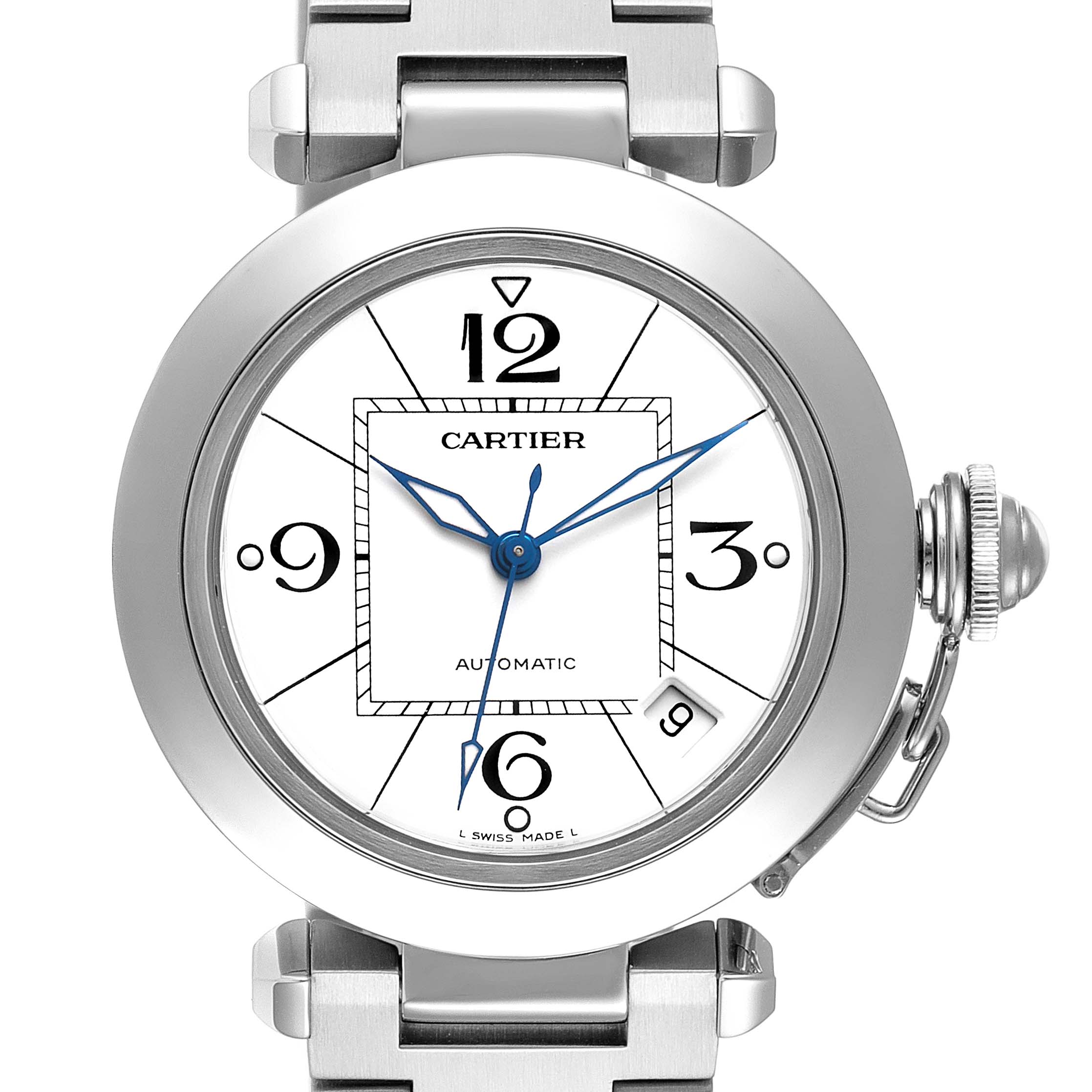 The image shows a front view of the Cartier Pasha W31074M7 Men's Stainless Steel White Dial W31074M7 Men's Stainless Steel White Dial watch, highlighting the face, bezel, and part of the bracelet.