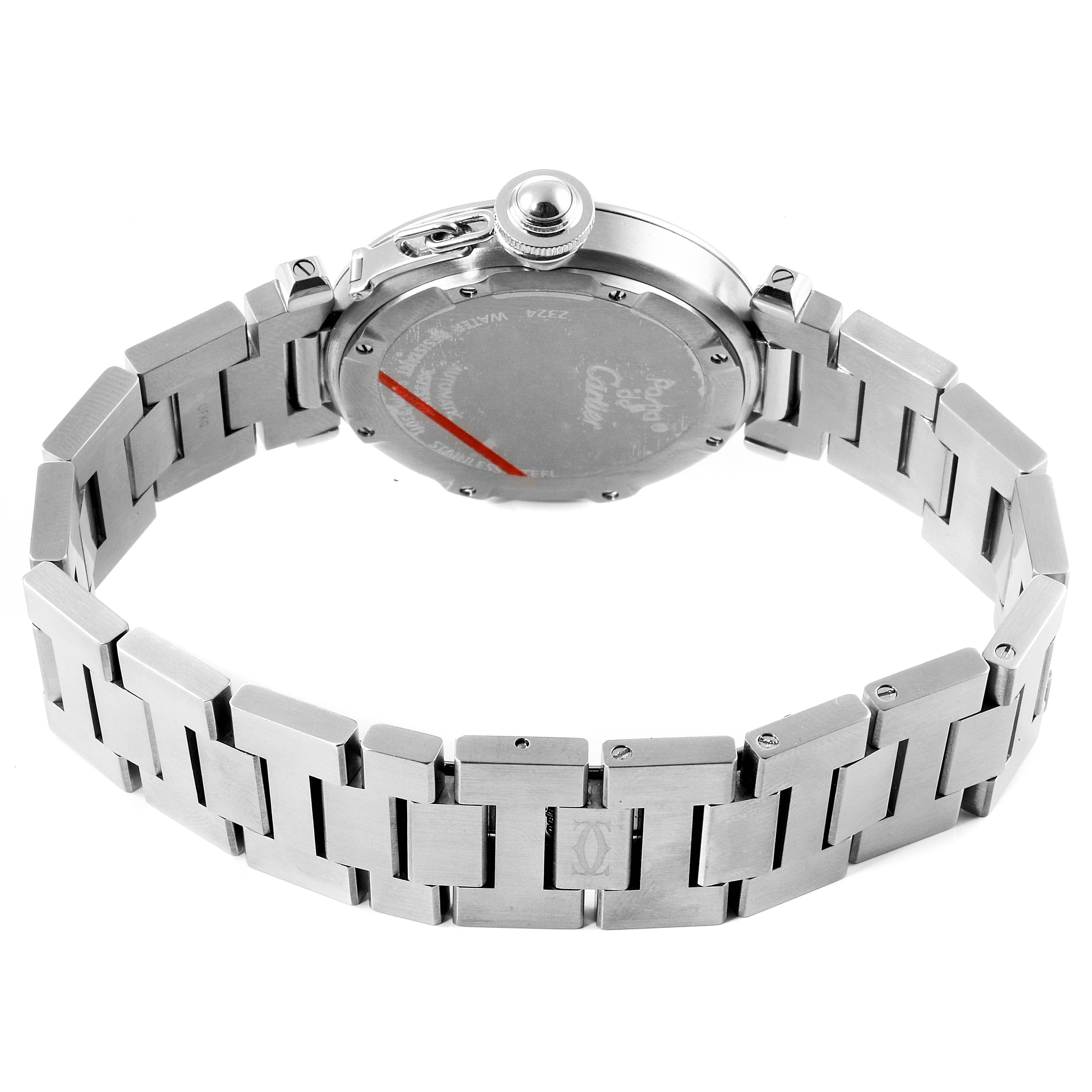 The image shows the backside and bracelet of a Cartier Pasha W31074M7 Men's Stainless Steel White Dial W31074M7 Men's Stainless Steel White Dial watch at an angle.